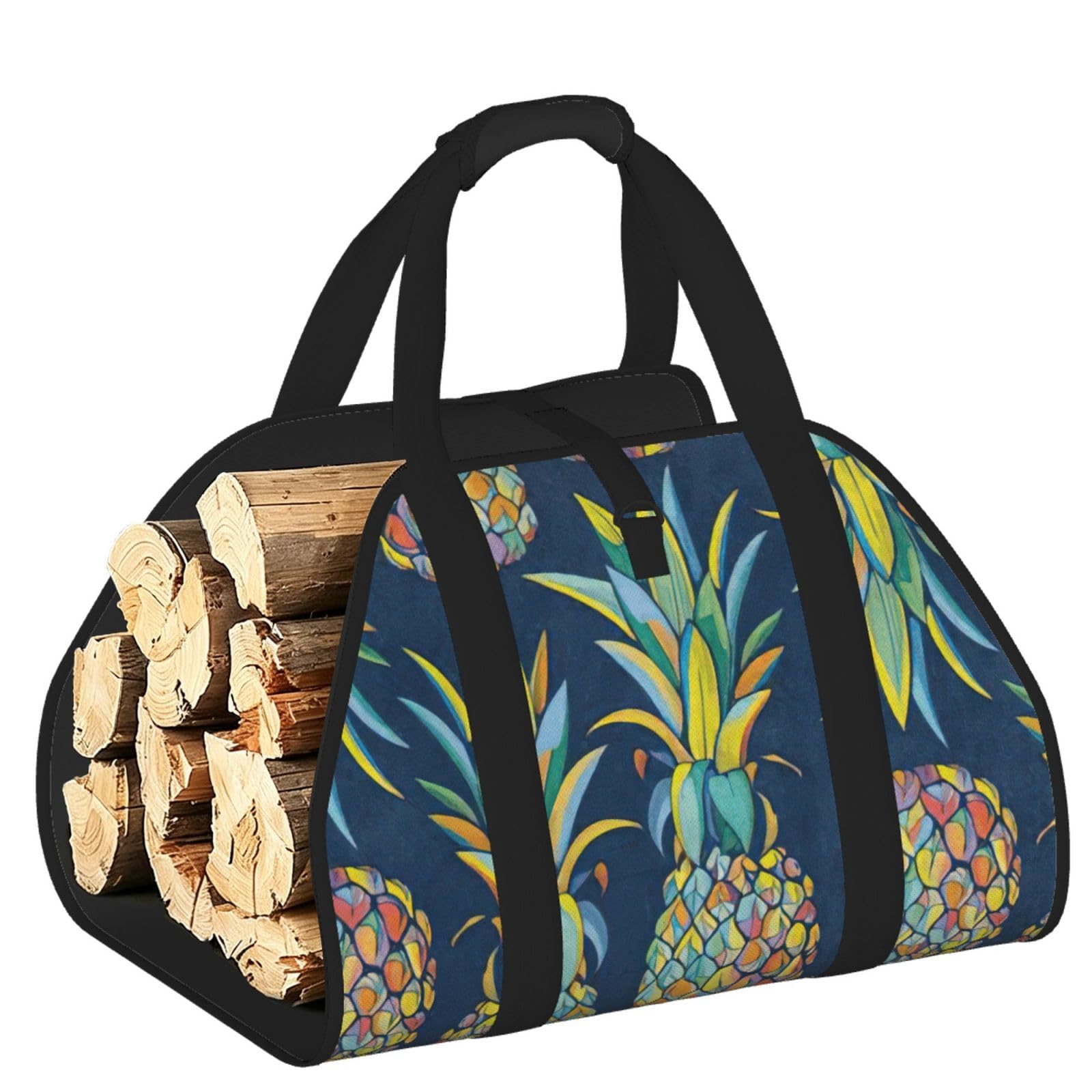 Pphgut Black Tropical Fruit Pineapple Print Firewood Bag Wood Carrier Transport Sack Camping Picnic Storage Daily Home