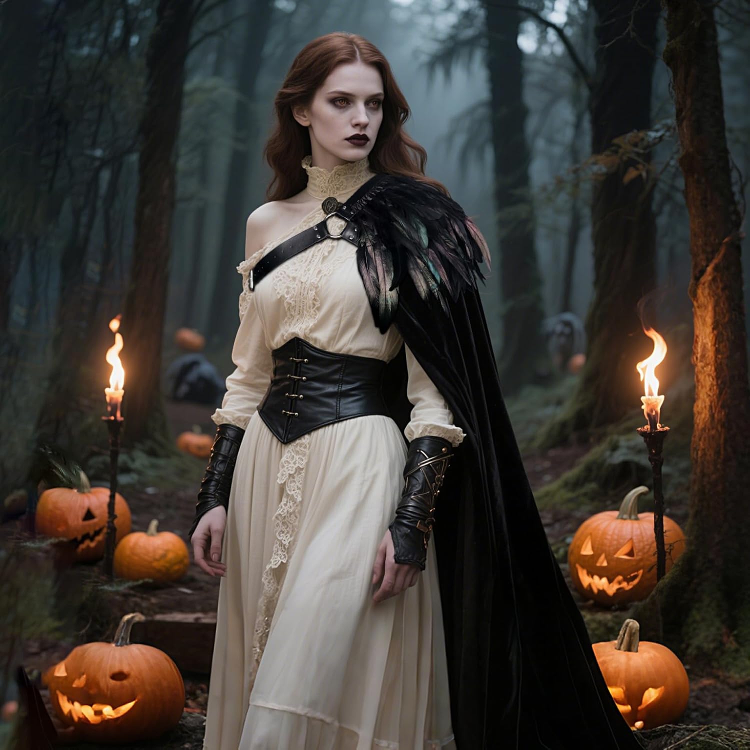 L'VOW Black Half Shoulder Cape with Feather Shrug - Renaissance Ranger Cloak Halloween LARP Gothic Knight Cosplay - Image 4