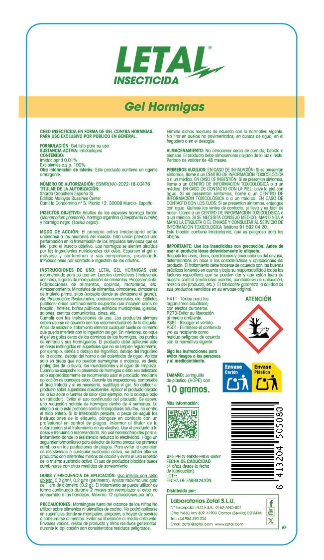 ZOTAL Gel Anti Hormigas - Insecticida en Jeringuilla 10g, Efecto Retardado para Eliminar Colonias y Nidos - Pack 1 Unidad