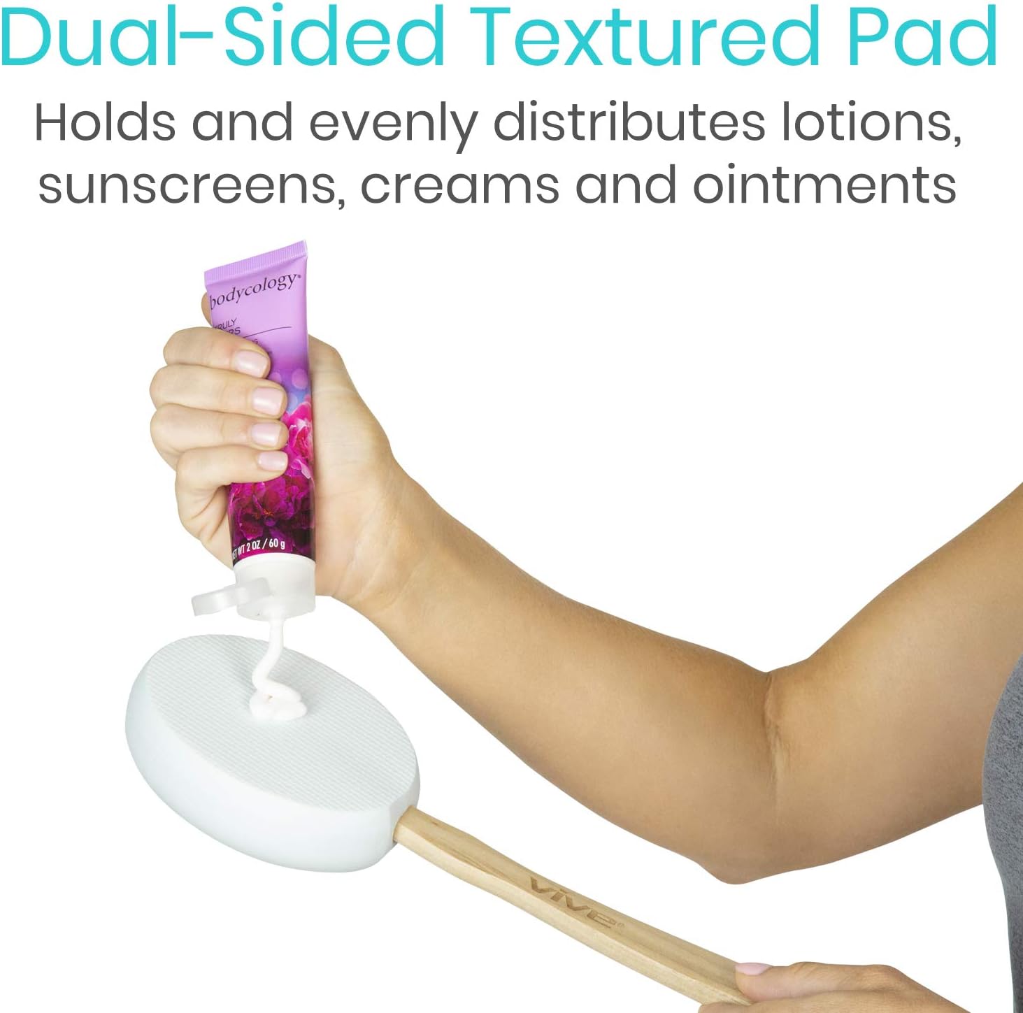 Vive Lotion Applicator Replacement Pads (6 Pack) - Long Reach Handle Loofah Sponge Shower Scrubber for Self Back Application - Body Bath Wash Brush for Skin Cream, Suntan, Tanning, Aloe - Men, Women