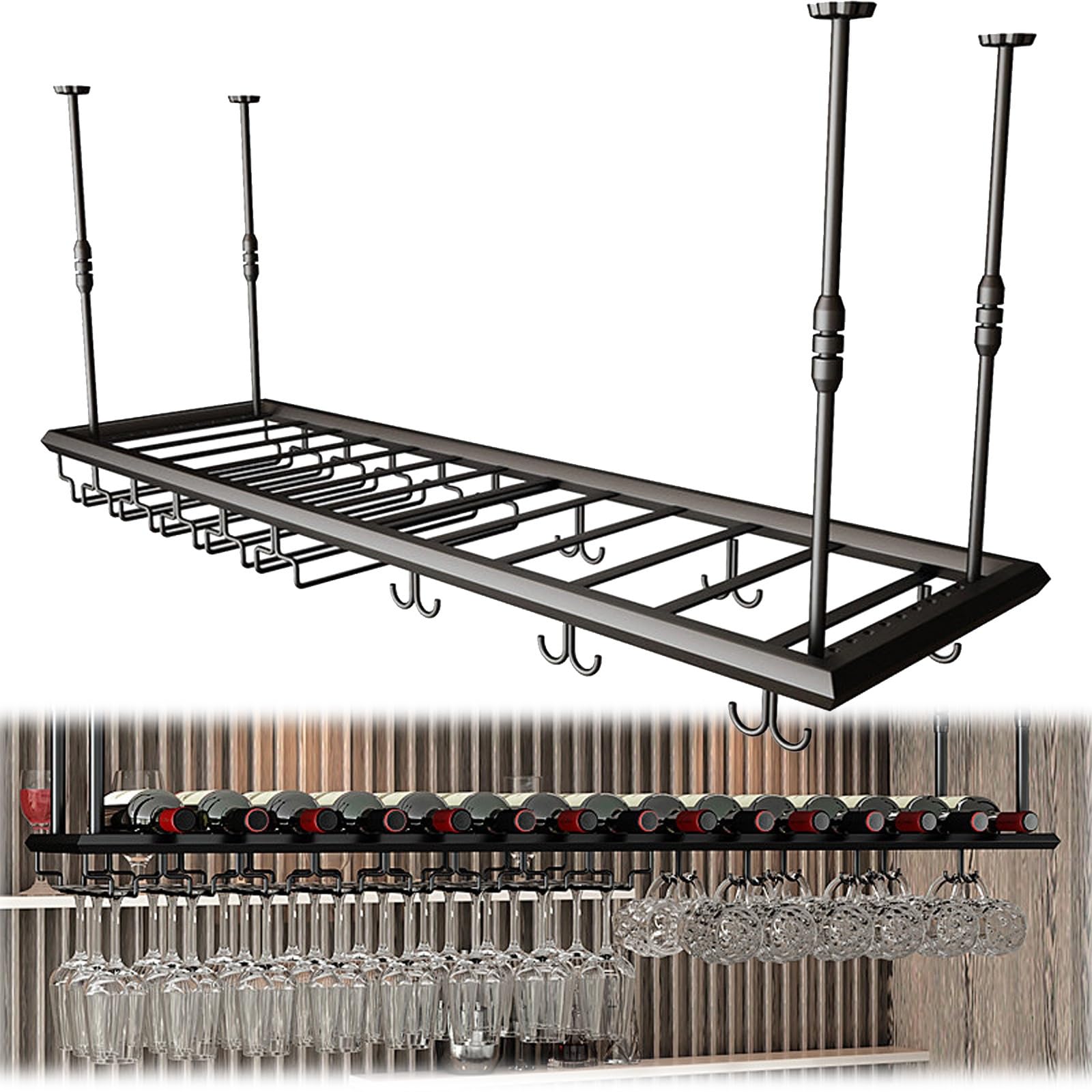 ASYJVWYZ Suspended Wine Rack Holder, Black Adjustable Ceiling Wine Bottle Storage Shelf, Heavy-Duty Metal Bar Organizer For Home(Style B,120x30cm/47x12in)