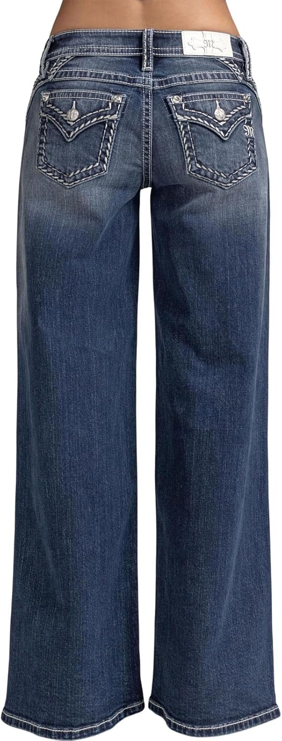 Miss Me Women's Classic Stitched Faux Flap Pockets Mid-Rise Wide Leg Jeans