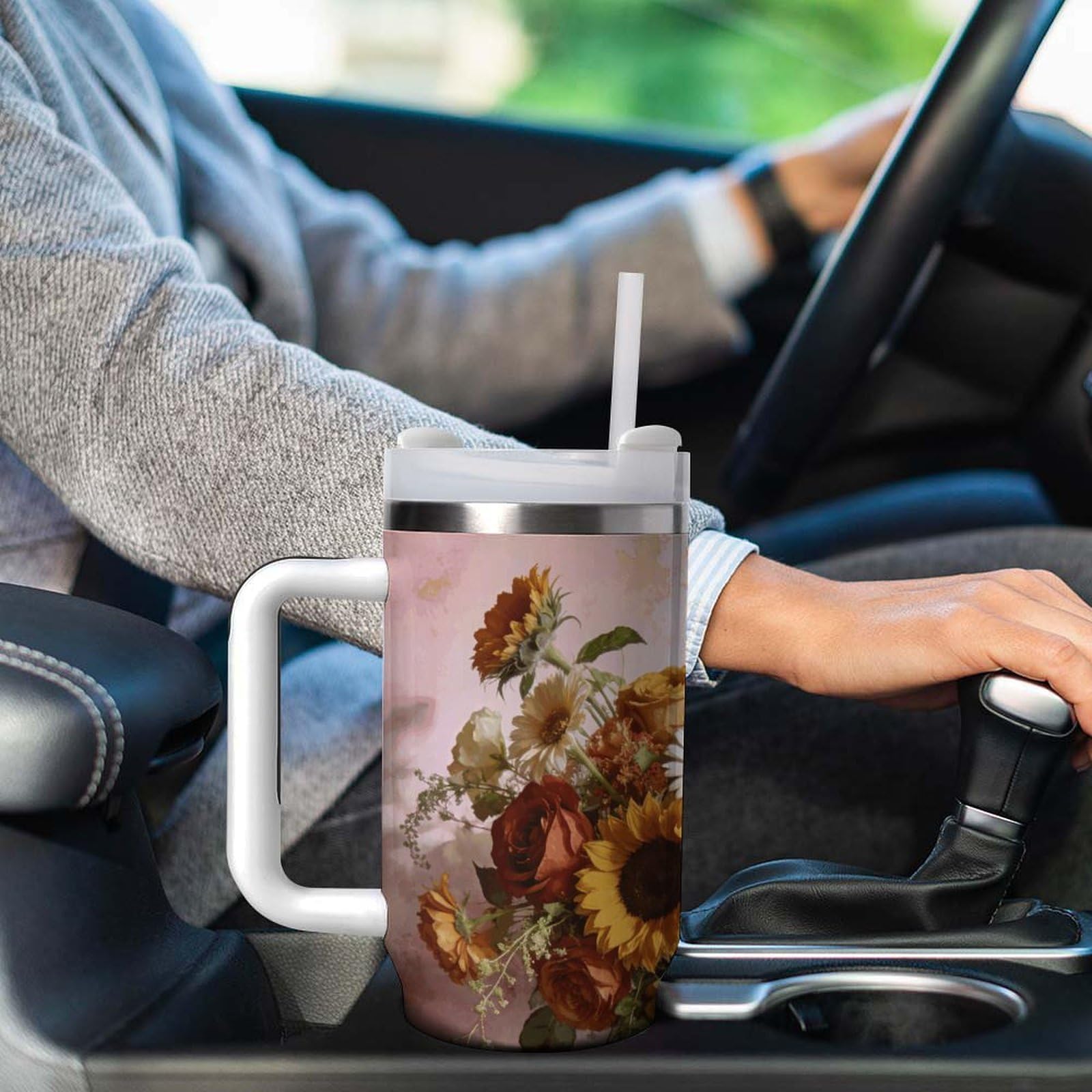Vaso de café de viaje floral bohemio de acero inoxidable, taza de café con tapa y popote, taza con asa, gran capacidad, doble pared al vacío, taza térmica de café helado, 40 onzas