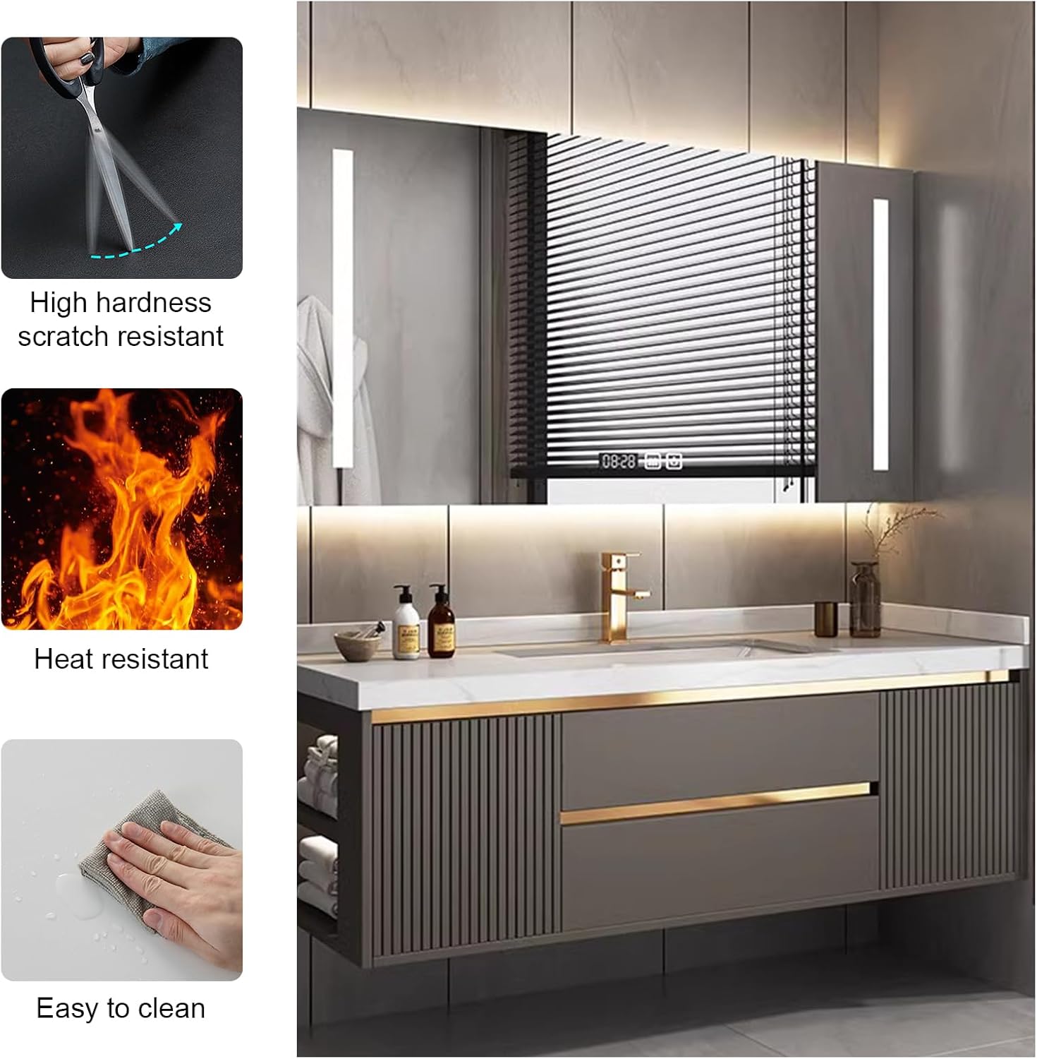 36IN Bathroom Vanity - Floating Bathroom Vanities with Mirror Cabinet, Intelligent Demisting & Vanity Mirror with Lights | Striped Side Cabinet and Gold Faucet
