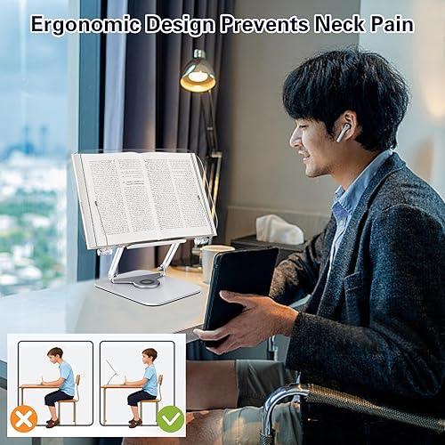 Miniatura 4 de Favonuovy Soporte de libro para leer manos libres, soporte acrílico para libros de cocina con base giratoria de 360 y clips de página para libro de