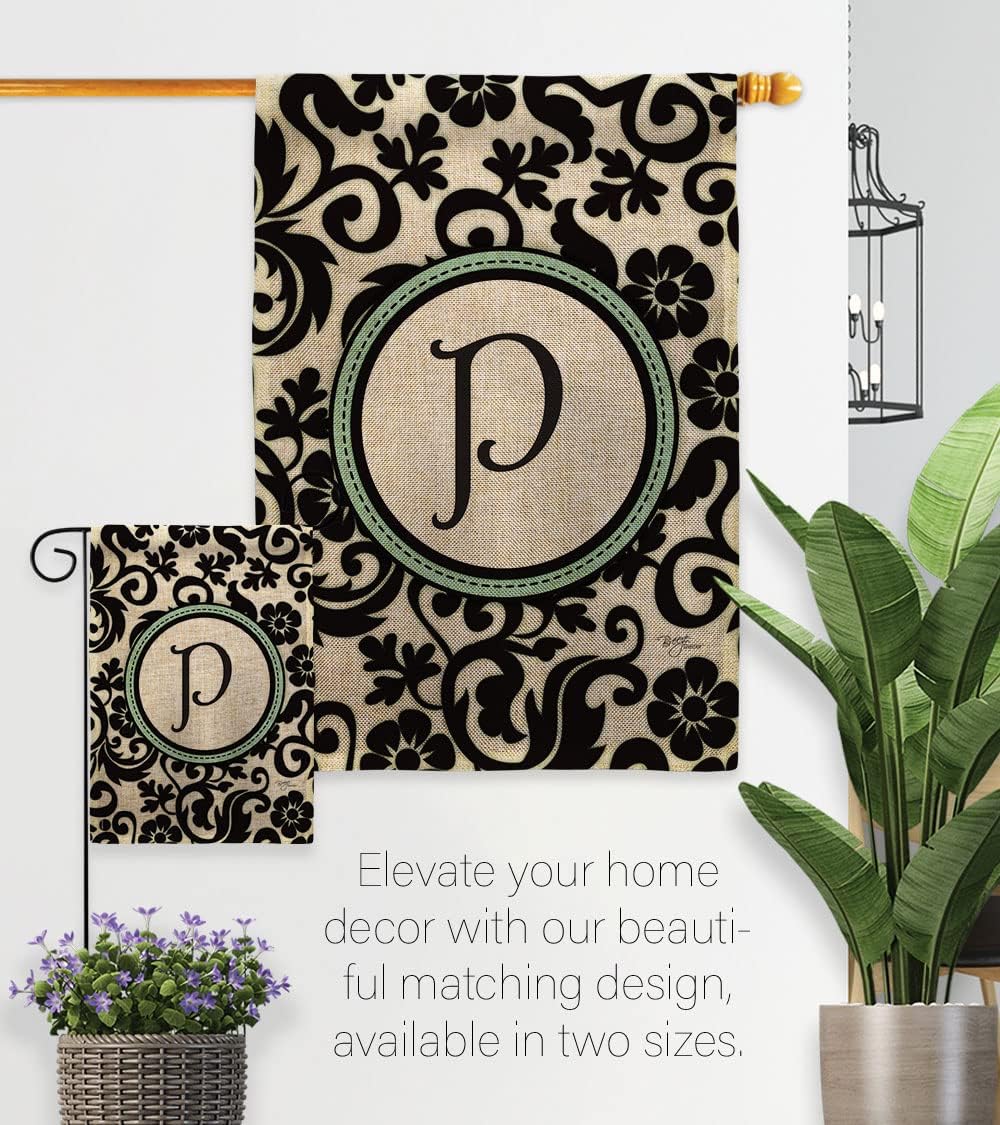 Breeze Decor Damask P Initial Garden Flag Monogram Country Living Simply Beauty Floral Vintage Letter Everday Classic House Decoration Banner Small Yard Gift Double-Sided, Made in USA