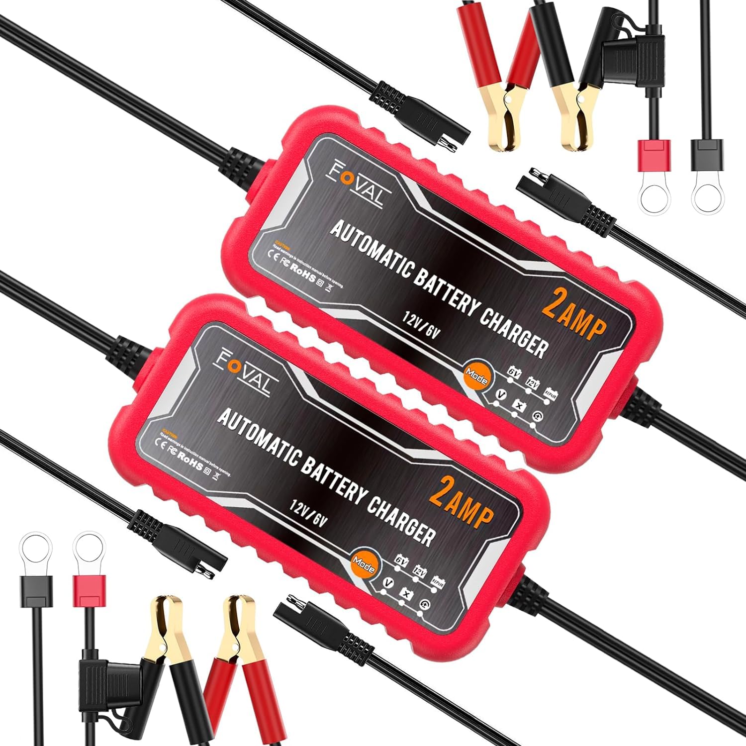 Carregador de Bateria FOVAL 2 Amp - 2 Peças, Automático 6V e 12V, Manutenção e Desulfatação para Carro, Moto e Cortador de Grama