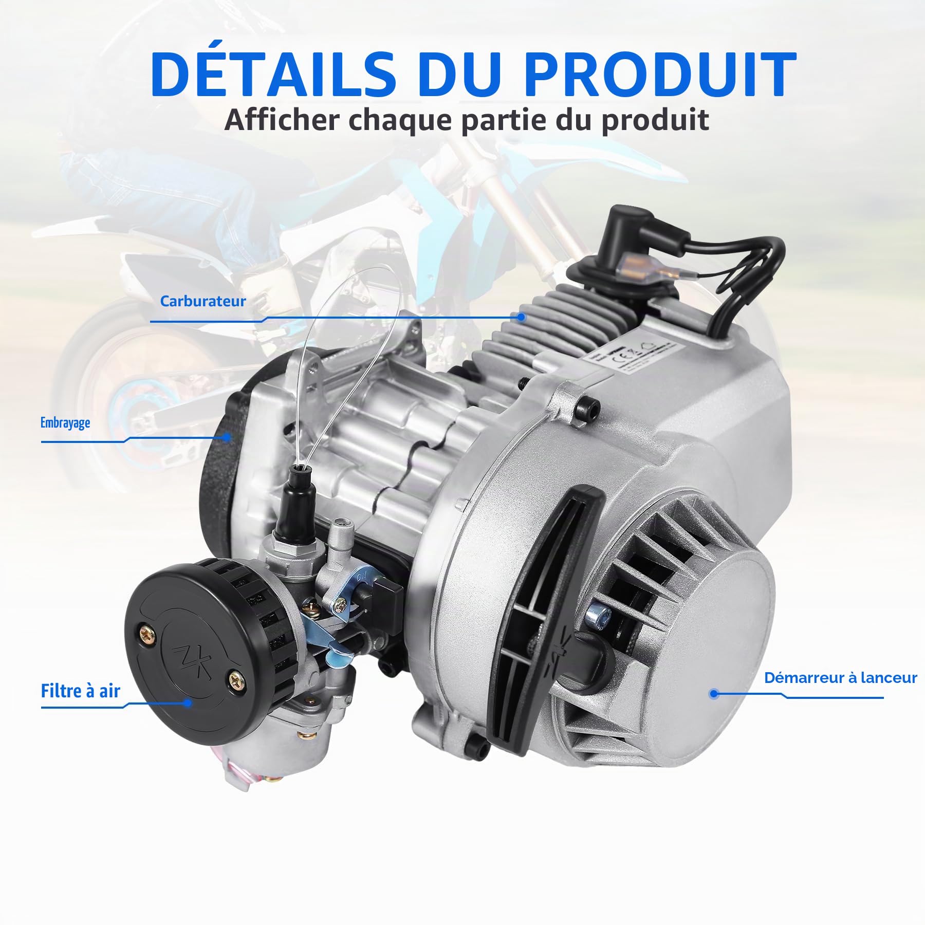 Moteur à traction 49 cc 2 temps refroidi par air pour Pocket Bike Mini Dirt Bike ATV Scooter