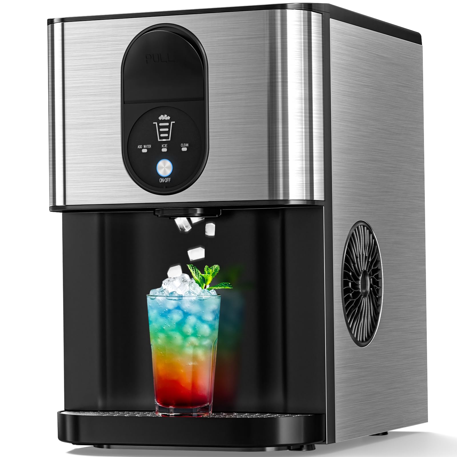 Máquina de hielo en pepitas con hielo masticable suave, funcionamiento con un solo clic, limpieza automática, 20 kg, dispensación automática de hielo en pellets durante 24 horas, para el hogar, la cocina, la oficina y fiestas, acero inoxidable plateado