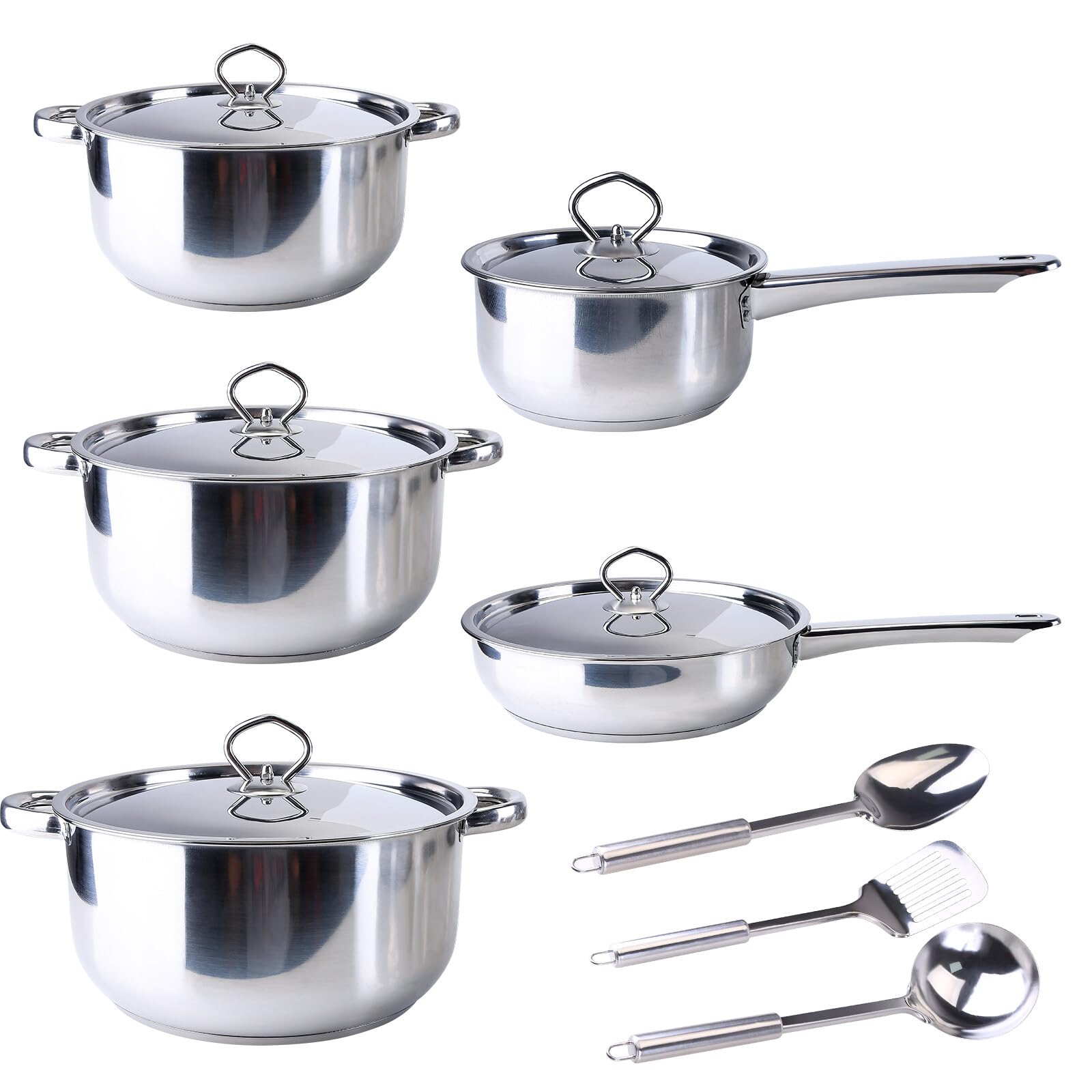 Uposao Kitchen 15-częściowy zestaw garnków i patelni ze stali nierdzewnej, do gotowania na gaz, do mycia w zmywarce, z garnkami, patelniami, przyborami kuchennymi