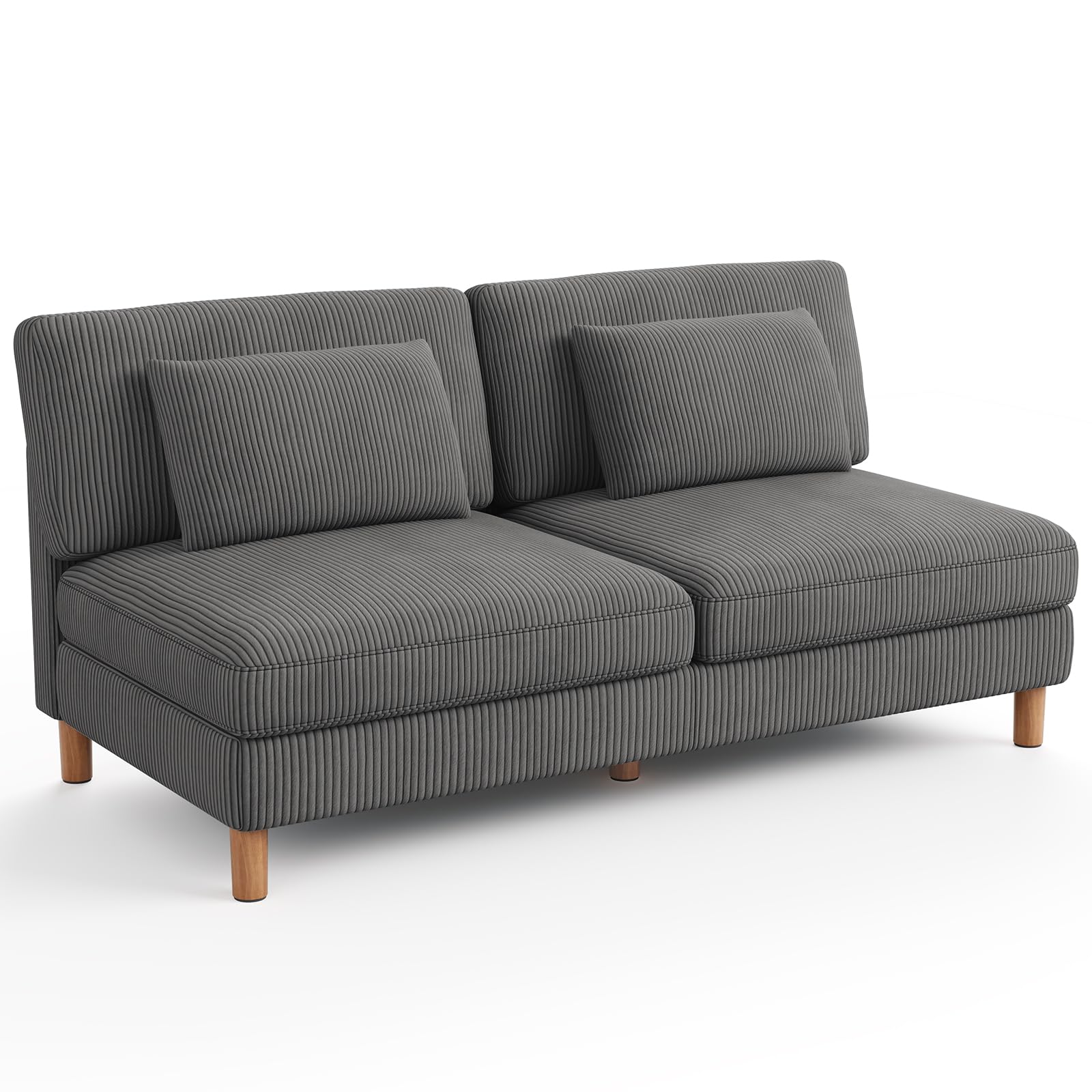 Vesgantti 166cm Armless 2 Seater Sofa, Comfy Corduroy Couch with 2 Extra Pillows, Loveseat Sofa Perfect for Living Room, Bedroom, Office, Apartment, Tool-free Assembly，166L*88D*84Hcm, Grey
