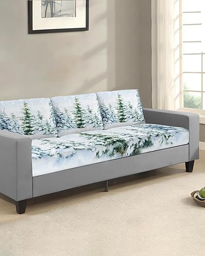 Miniatura 2 de Christmas Tree Couch Cushion Covers, Stretch Sofa Cover with Elastic Bottom, Green Blue Xmas Tree Winter Snowflake Sofa Slipcovers Protector