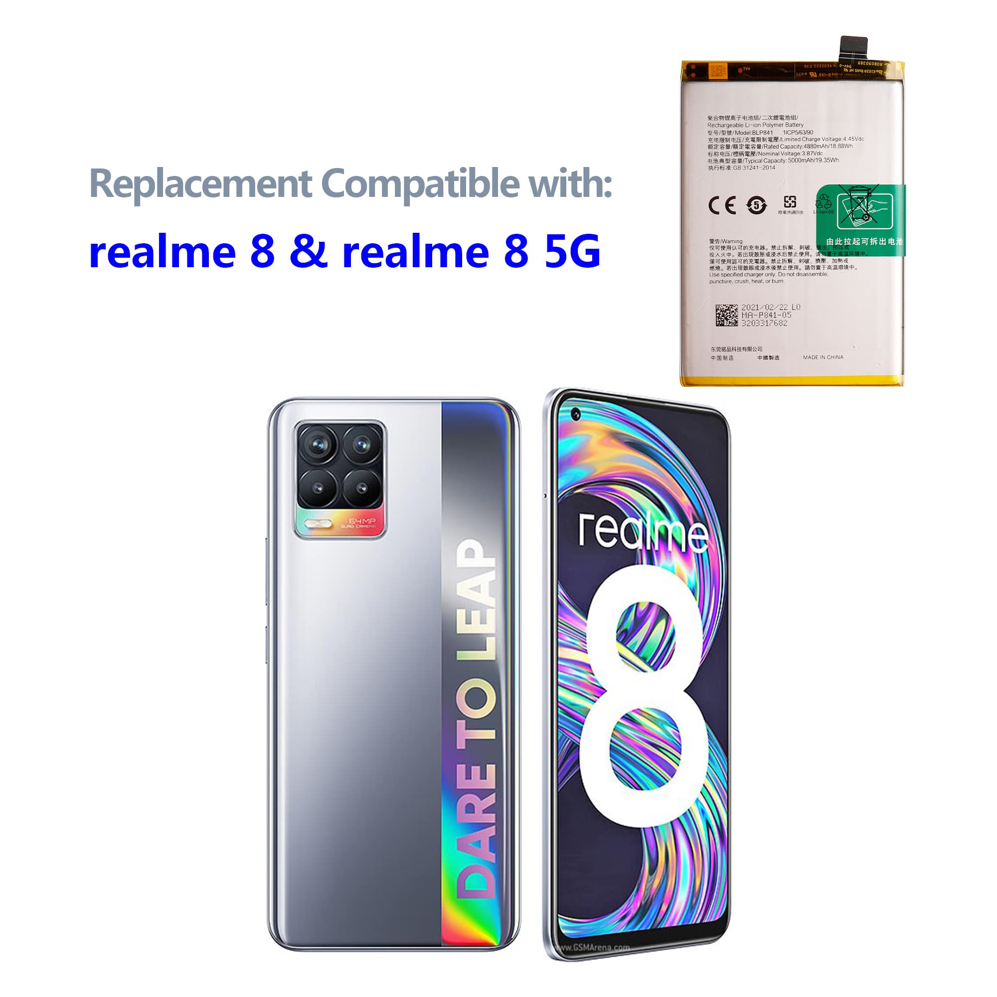 New BLP841 - Batteria compatibile con Realme 8 RMX3085 con strumenti