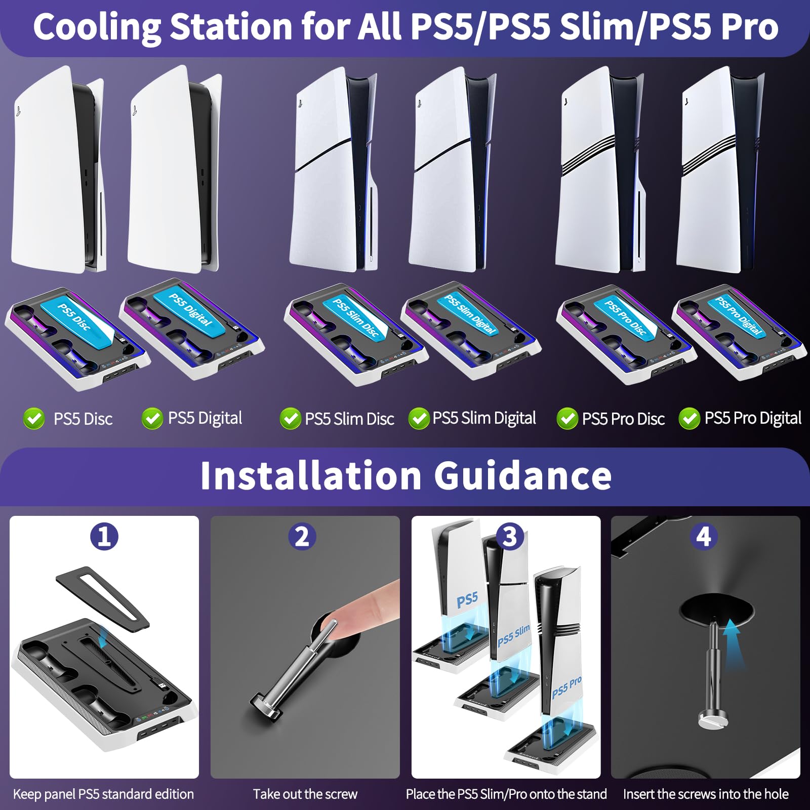 Stazione di raffreddamento per PS5/Slim/Pro, stazione di ricarica RGB compatibile con PlayStation 5 Ventola di raffreddamento integrata a 3 livelli e caricabatterie doppio controller PS5, supporto con
