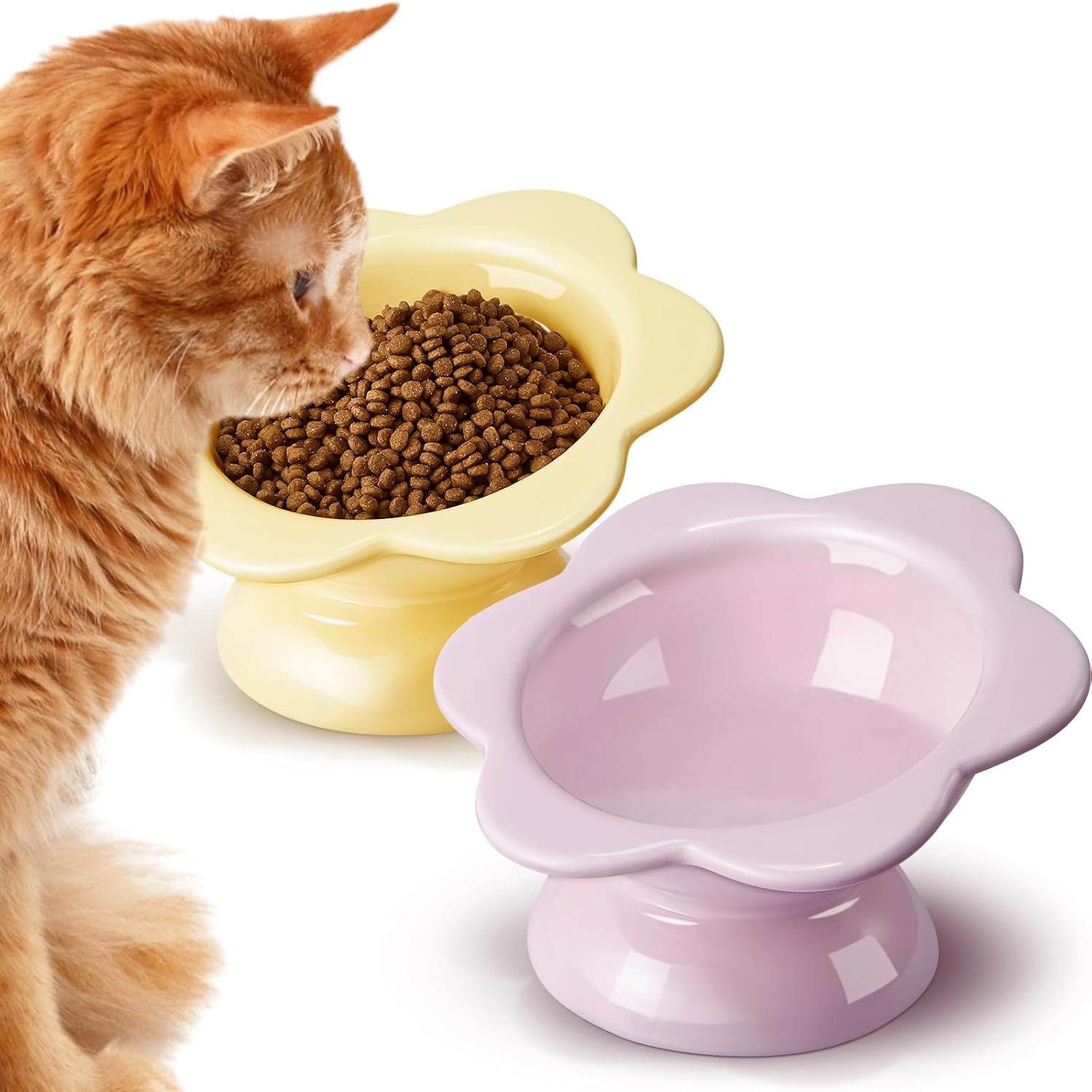 Zhehao 2 Pieces Ceramic Raised Cat Bowl Cute Flower Raised Cat Food Bowls Elevated Pet Tilted Dog Dishes for Anti Vomiting Protecting Spine, Small Dog Kitten Supplies, 2 Colors