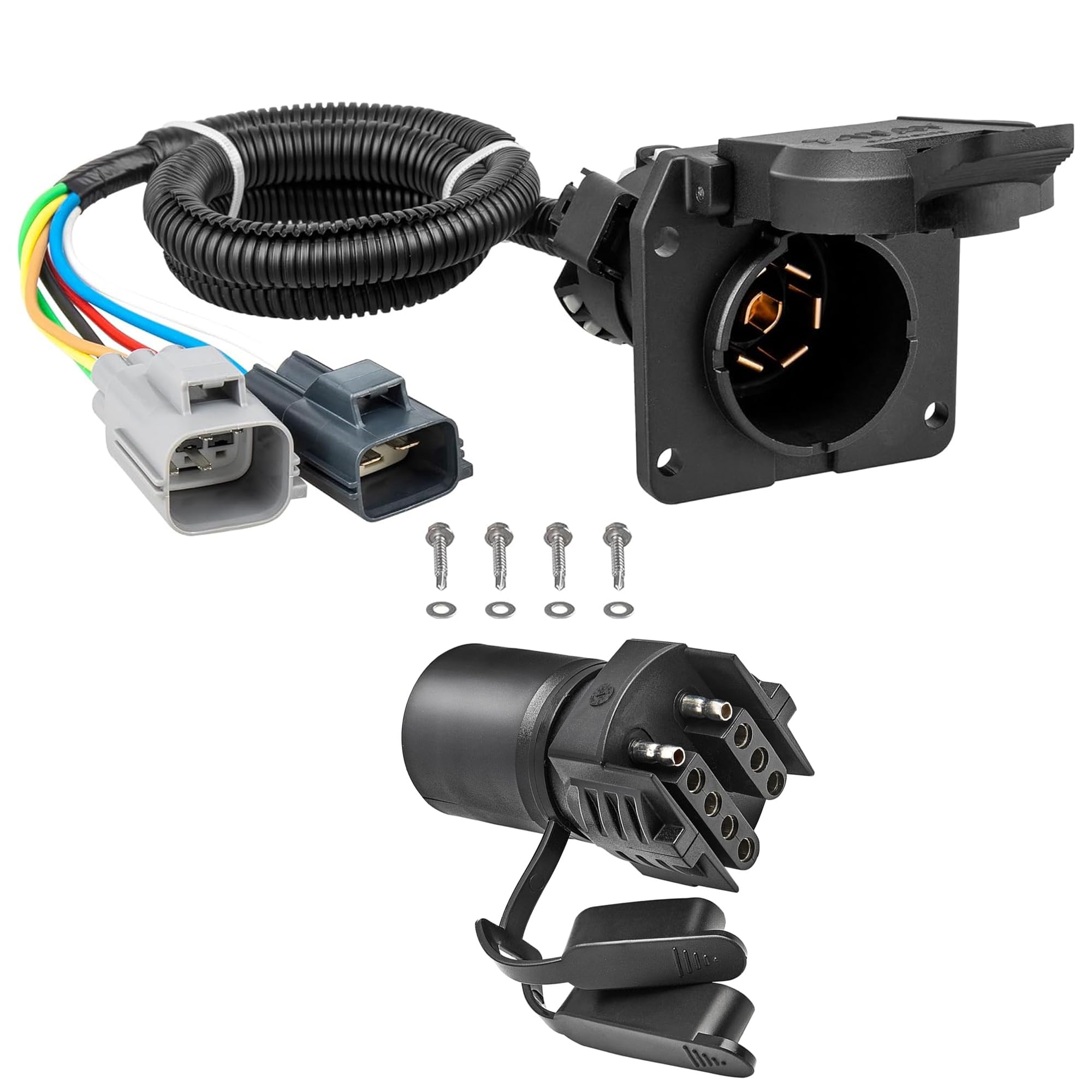 Trailer Tow Wiring Harness - 7-Pin Round & 4-Pin Flat Combo Connector - Fits Ford Trucks - Direct Replacement