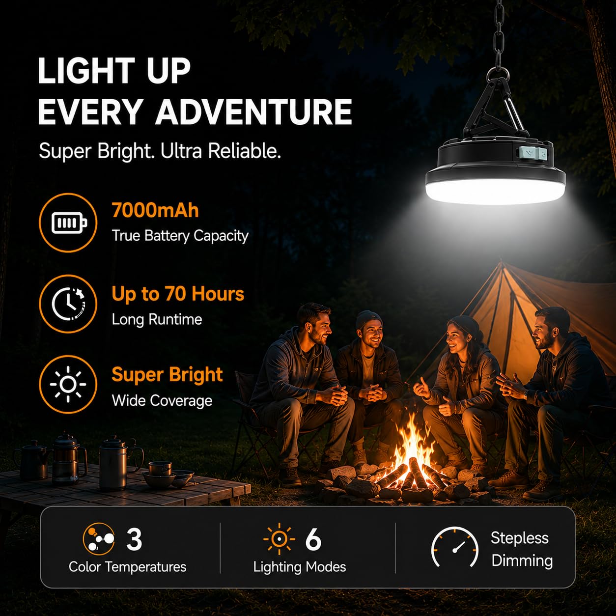Wiederaufladbare Campingleuchte, 2600LM LED Zeltlaterne mit Magnetfuß, Aufhängehaken und Stativhalterung, 7000mAh Akku, bis zu 70 Stunden, IPX5, Armeegrün