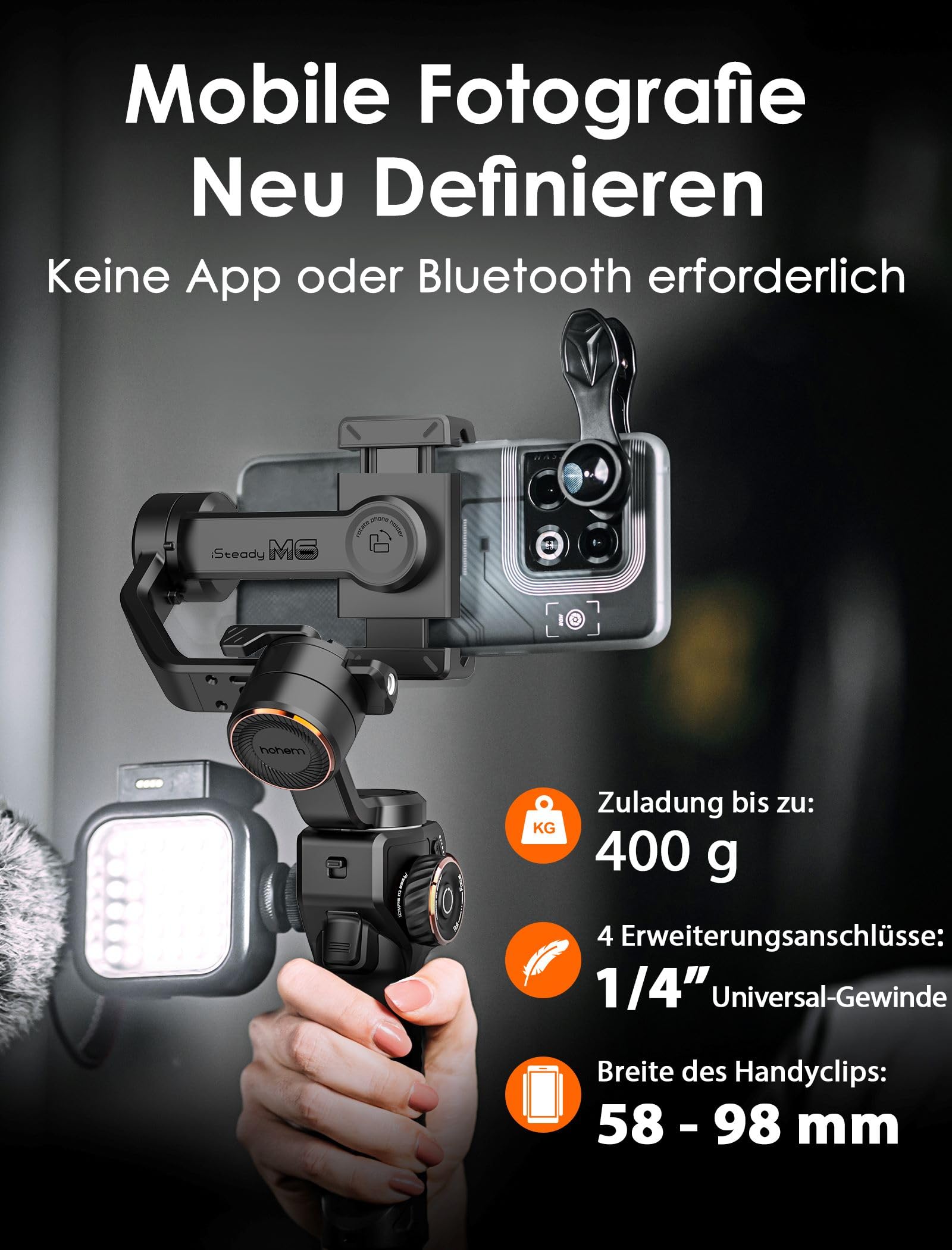 hohem iSteady M6, Gimbal Smartphone, 3-Achsen Handy Stabilisator | für iPhone 15/14/13/12 Pro Max & Android, 360° Rotation, OLED-Display, 400g Zuladung, Handy Gimbal für Volgging