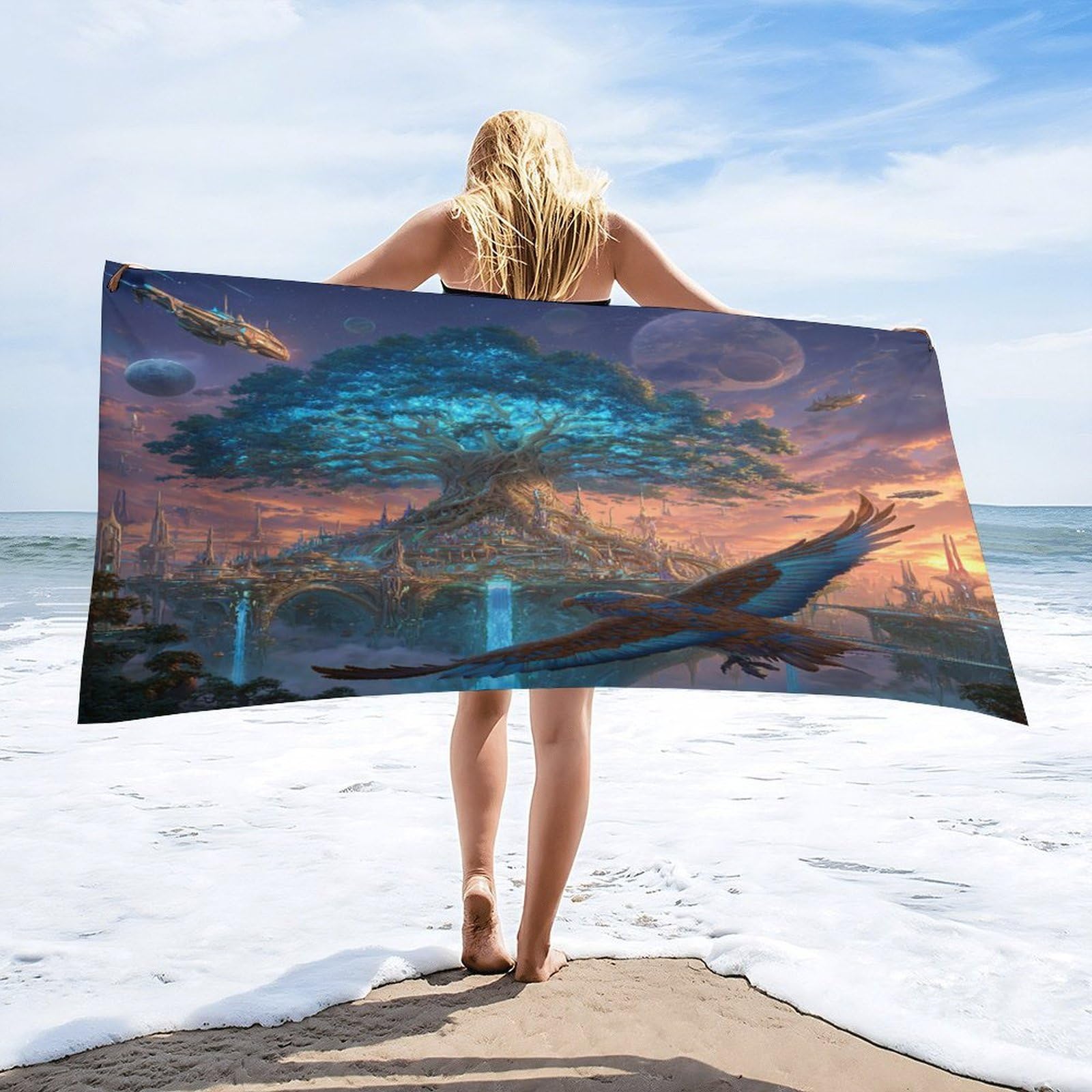 Luyysky Classic Elegant Tree Of Life Quick-Drying Beach Towel, Rustic Watercolor Starry Sky Galaxy Enchanted Forest Animal Bird Travel Vacation Single Sided Pile Bathroom Towels-80 W Cm X 160" L Cm