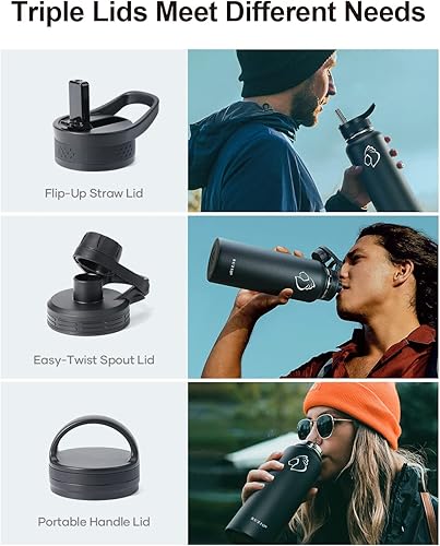 Miniatura 3 de BUZIO Botella de agua de 40 onzas aislada con popote y 3 tapas y bolsa de transporte, frasco de agua de acero inoxidable a prueba de fugas y