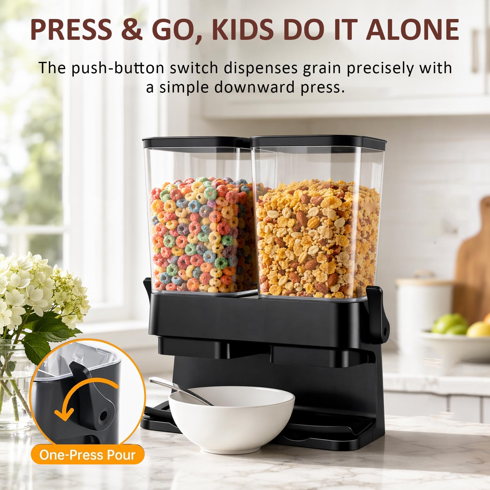 Dispenser per cereali, confezione da 2 pezzi, 3 l, ermetico, doppio dispenser per fiocchi di cereali, contenitore organizer per fiocchi di colazione, dispenser per riso, noci, chicchi di caffè, cibo