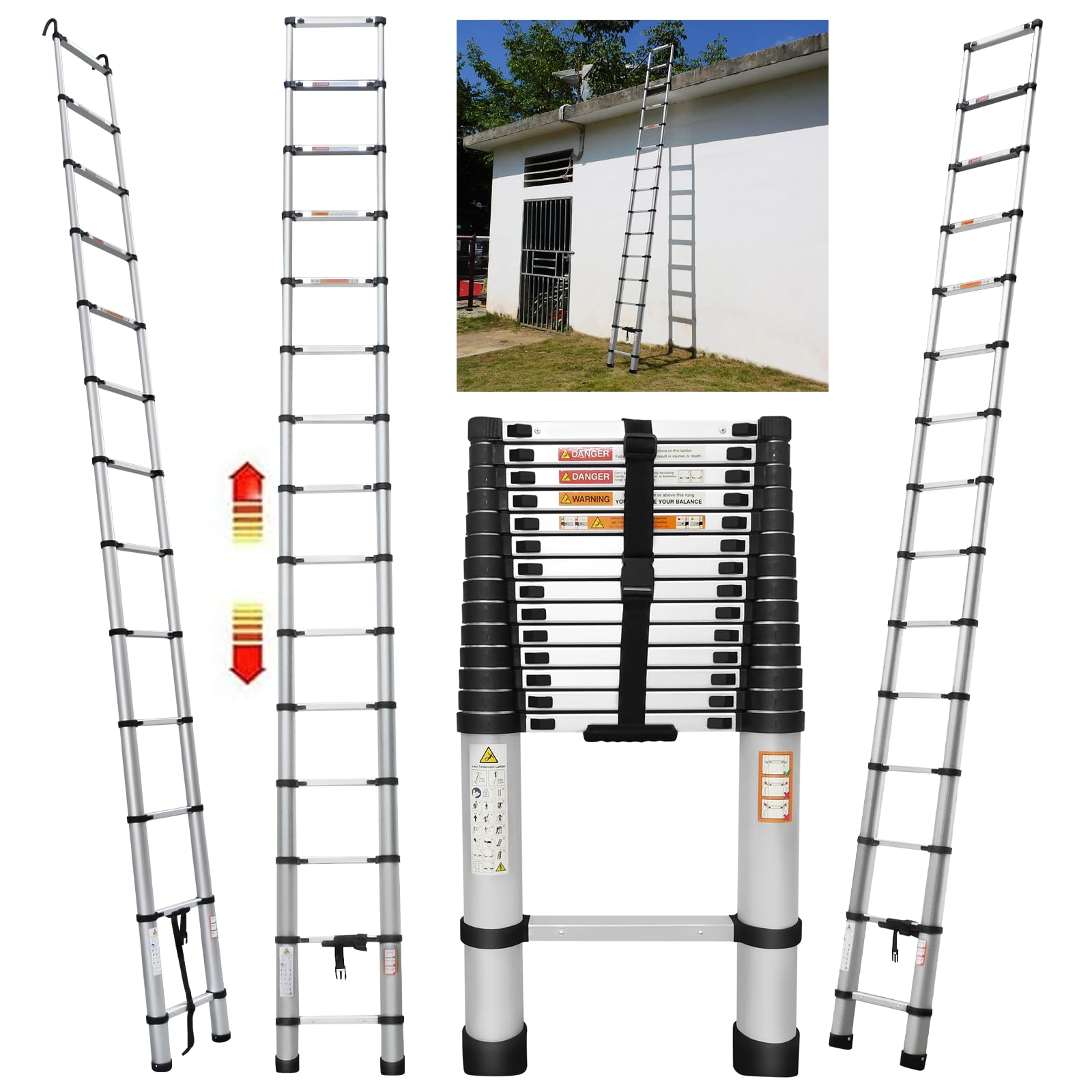 5M Telescopic Ladder with 2 Hooks, Aluminium Folding Ladder, Multi-Purpose Ladder with Adjustable Height, Non-Slip Feet for Home Use, Portable, Maximum Load 150kg