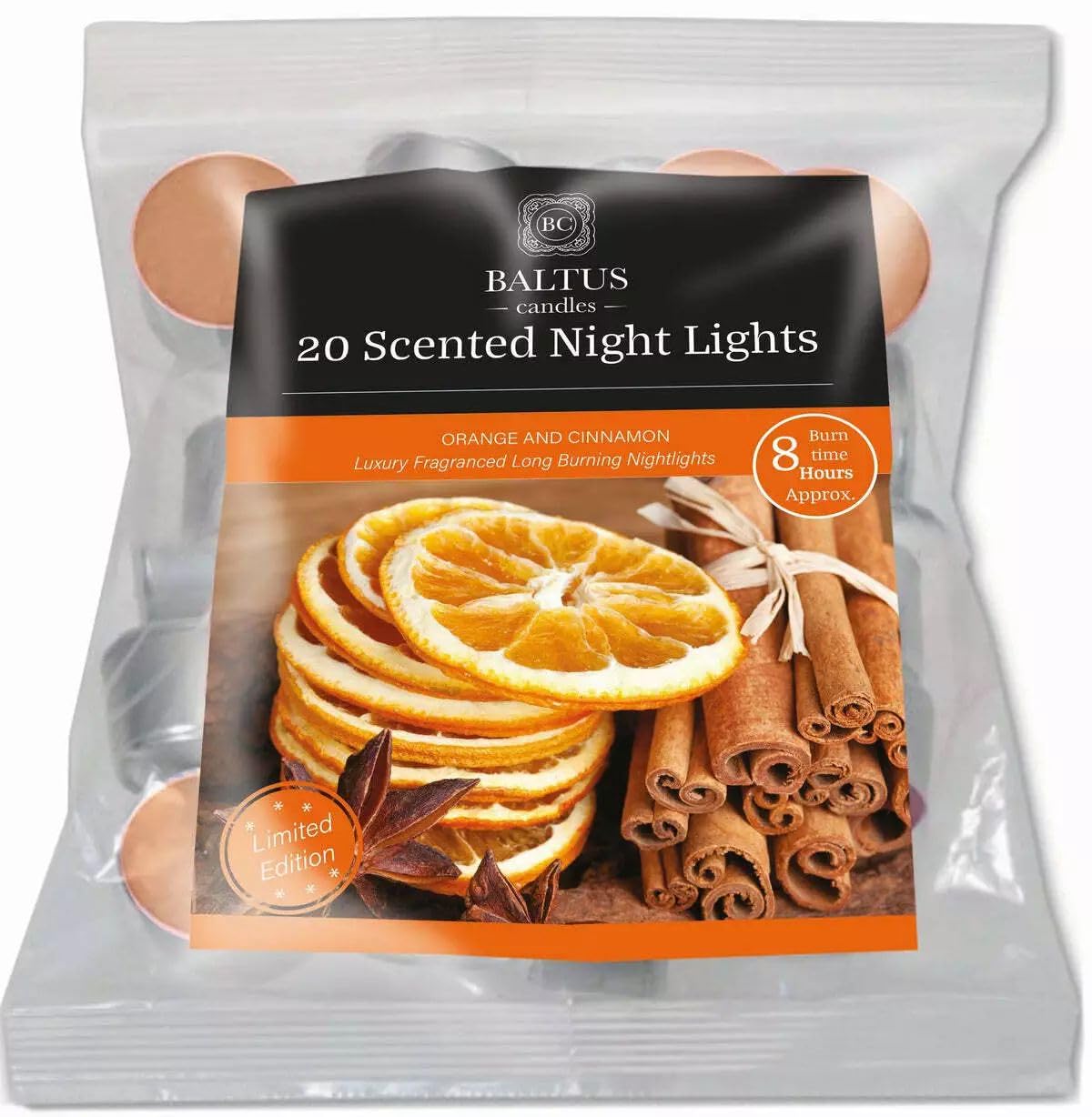 Baltus Orange Winter Fragrance 8 Hour Tea Lights 20 Pack ( & Cinnamon)