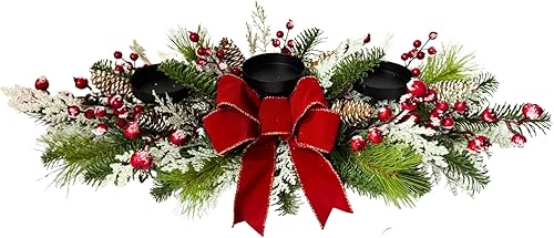 Portavelas de Navidad, decoración de Navidad, 3 portavelas con cono de pino flocado de nieve, bayas rojas y lazo rojo para centro de mesa,