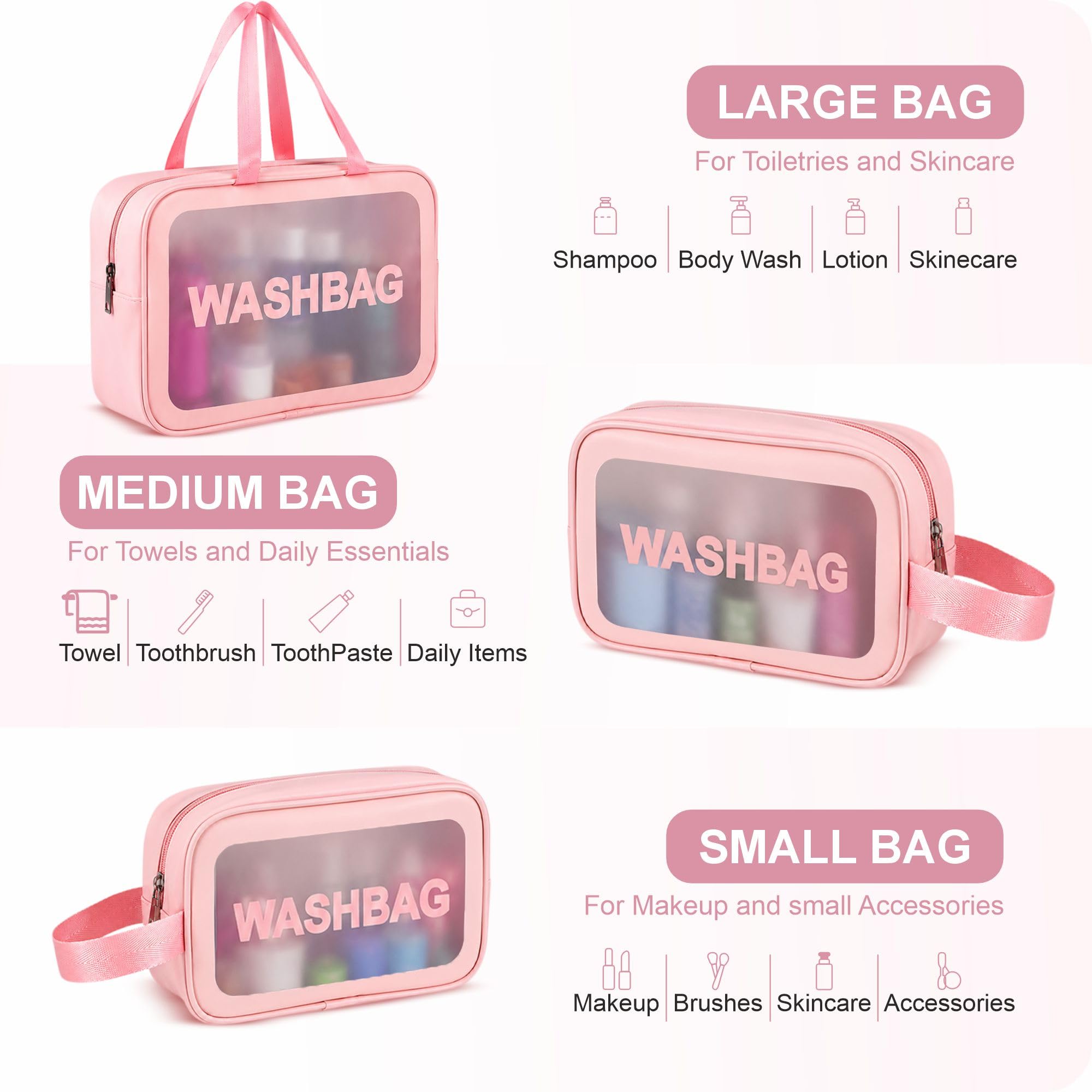 FLYNGO Set di trousse trasparenti per trucchi, organizer per cosmetici per donne e ragazze, kit da viaggio impermeabile per articoli da toeletta, Set di 3 LIght Rosa, Accessori da viaggio