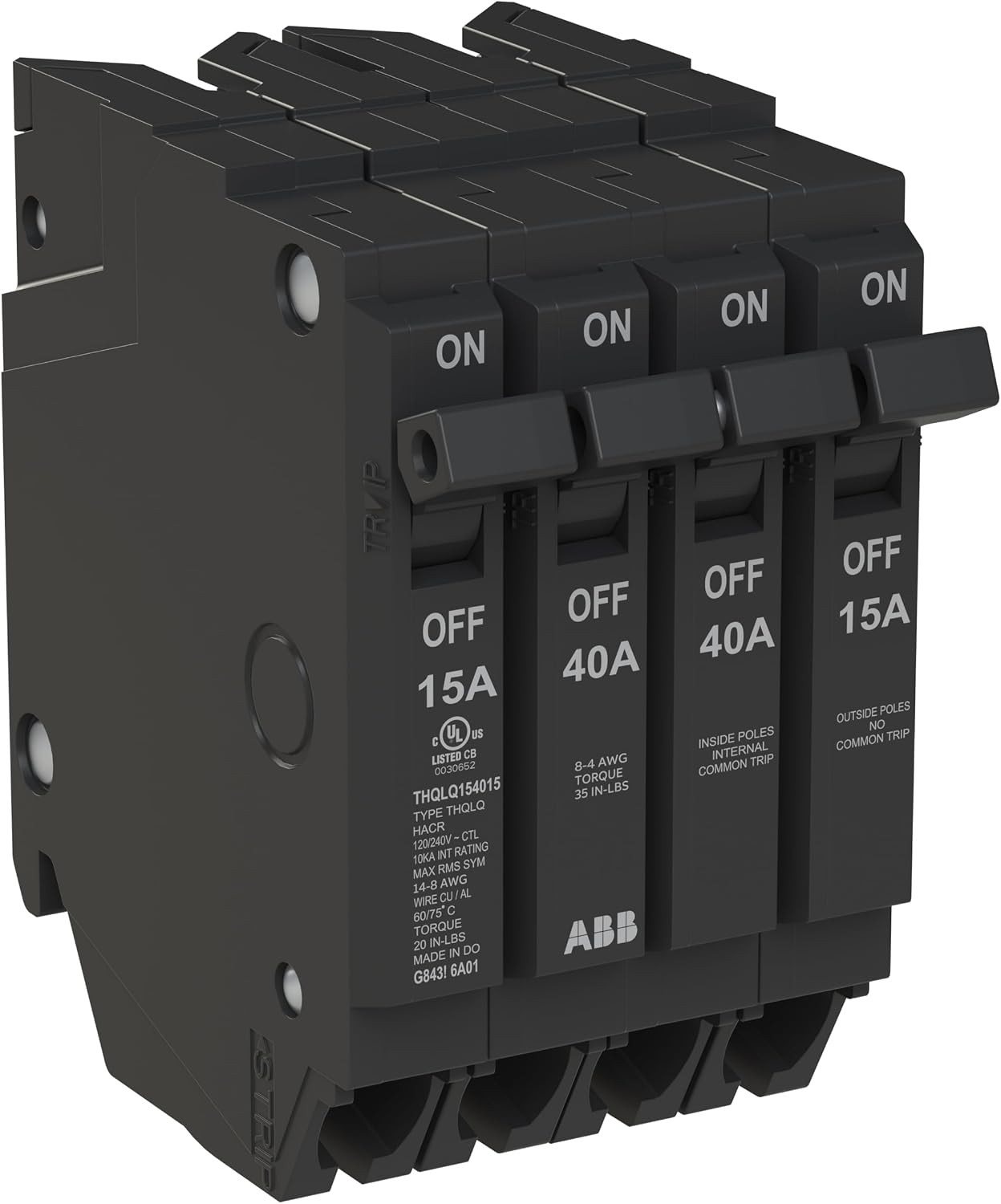 ABB Q-Line® THQLQ154015 Quad Circuit Breaker • 15A/1P, 40A/2P, 15A/1P Configuration • 120/240 VAC • 10 kAIC Interrupt Rating • Thermal Magnetic Plug-On Breaker for Load Centers