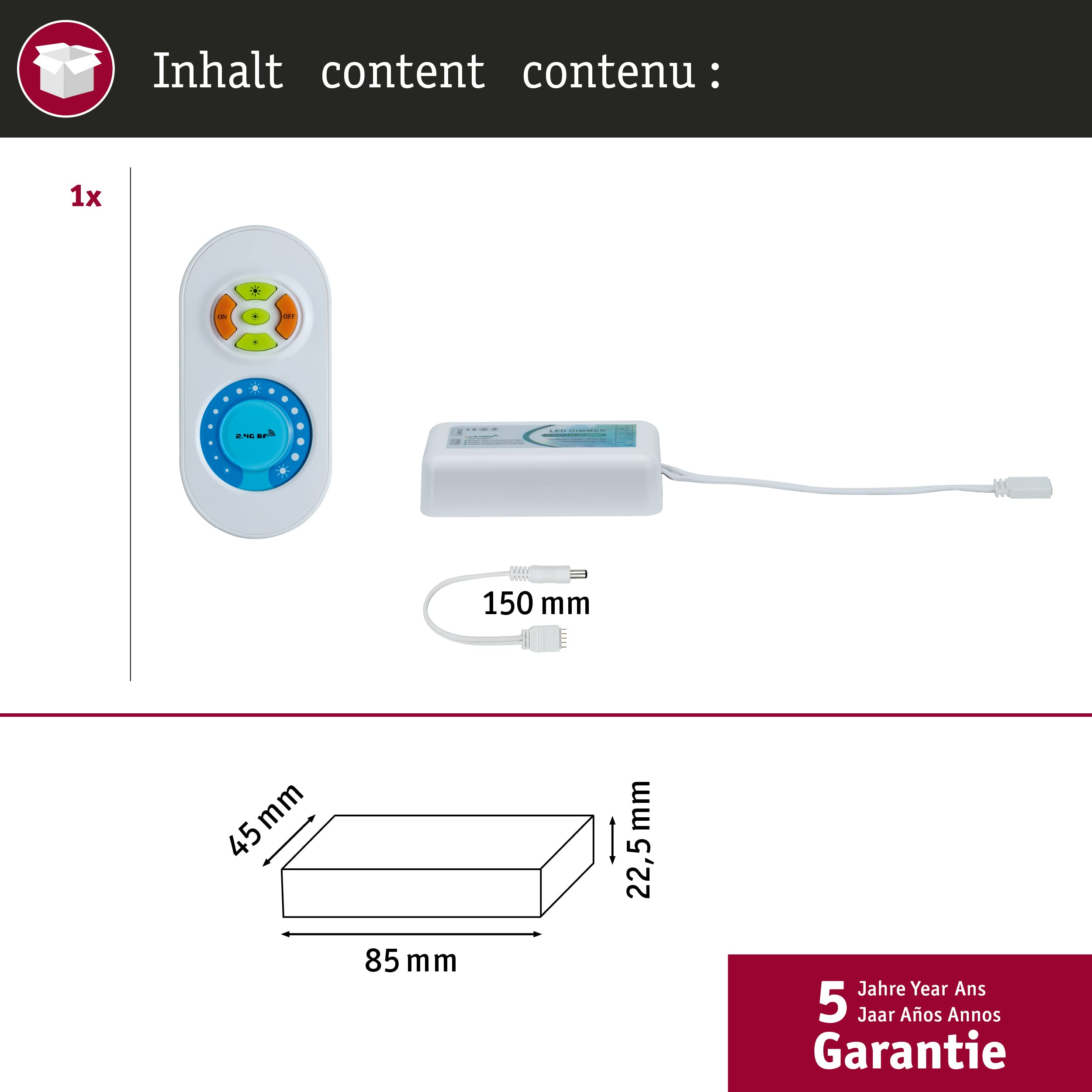Paulmann 70619 Controller de regulación y conmutación MaxLED para strip LED, mando a distancia para strips monocolor incl. control remoto máx. 144 W accesorio para strips