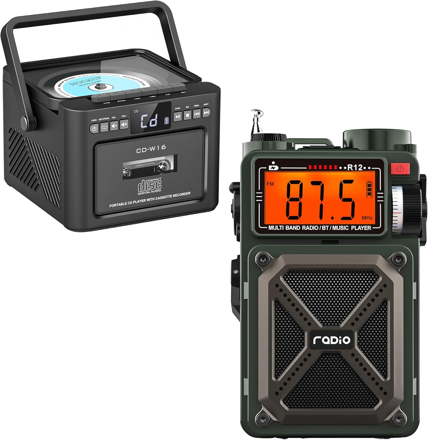 Rechargeable CD Player Boombox Bluetooth Cassette Player Combo + Portable Shortwave Radio