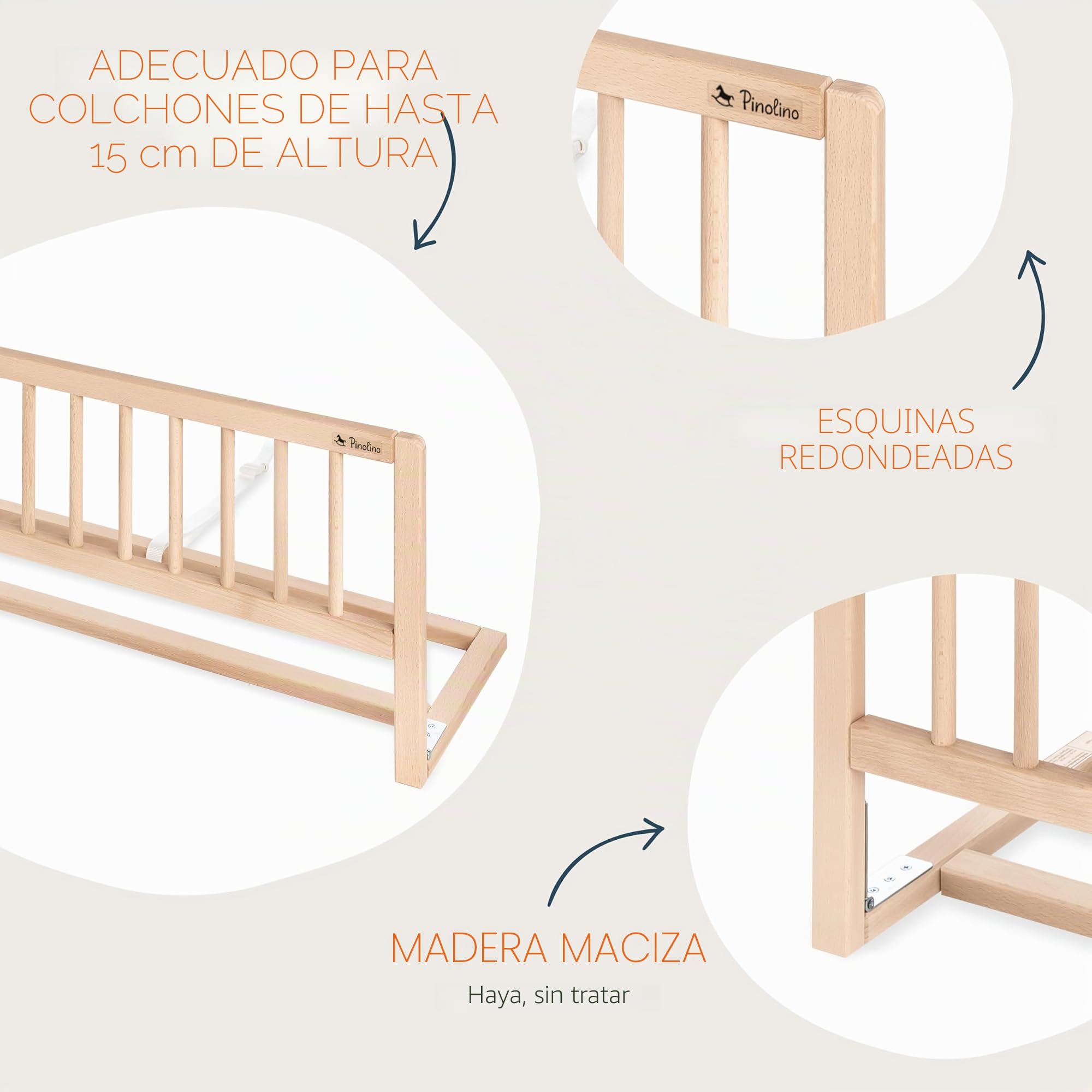PINOLINO Barrera de Seguridad para Cuna, de haya, barandilla plegable para viajar, 90x 36x33 cm, barandilla para niños pequeños y bebés, naturaleza