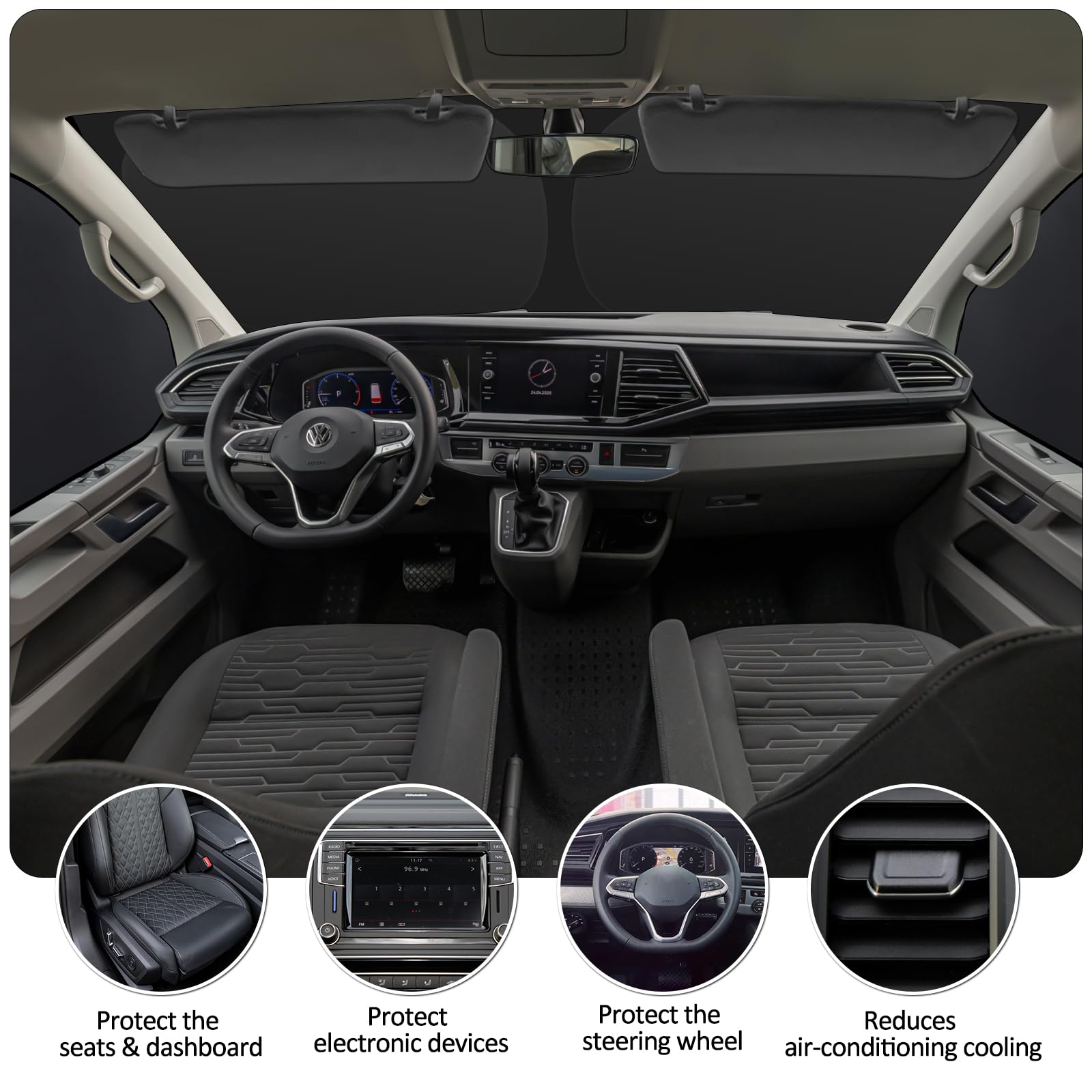 ZATOOTO Sonnenschutz Auto Frontscheibe passend für VW T5 T6, 3PCS Thermomatte Fahrerhaus, Auto Sonnenblende Frontscheibenabdeckung, Windschutzscheiben Innen Verdunkelung, UV-Schutz, Faltbare
