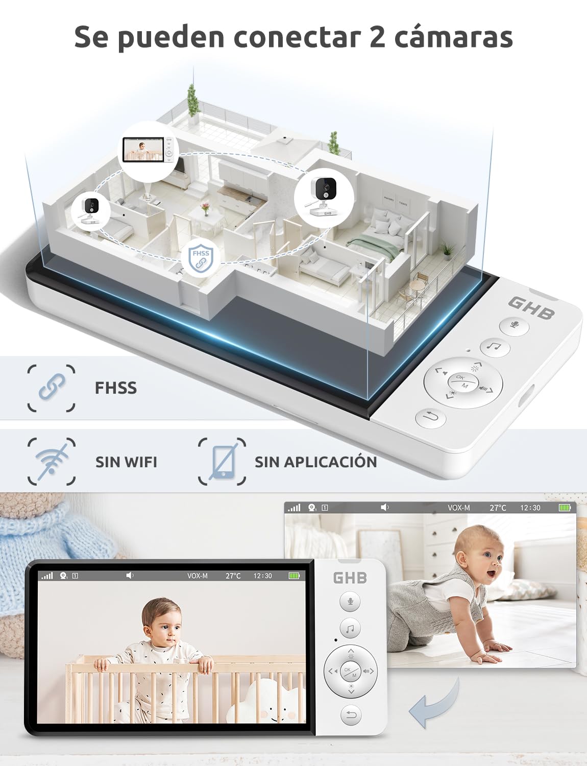 GHB Camara Vigilancia Bebe 5" 720P HD IPS Vigilabebes con Camara con Pantalla de 5000mAh, Visión Nocturna, Comunicación Bidirecciona Escucha Bebes