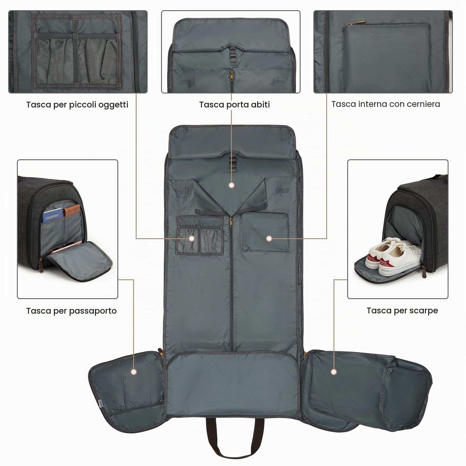 S-ZONE 60L 3 in 1 unisex borsa per vestiti convertibile in tela con astuccio da toilette per viaggi vacanze brevi viaggi d'affari