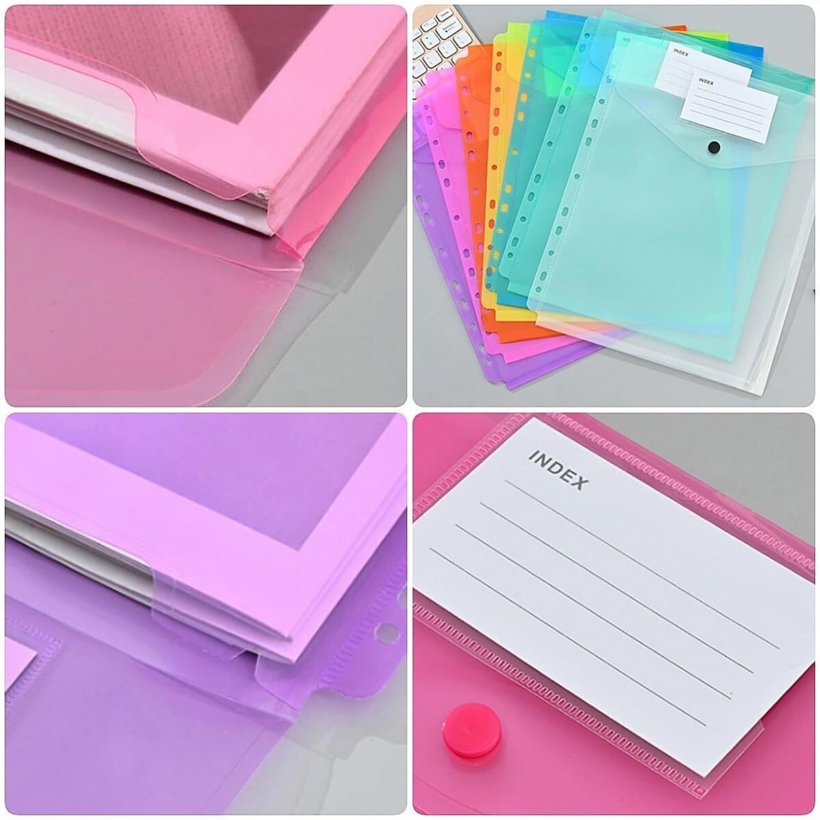 cartelle in plastica Raccoglitore tascabile - 12 buste Cartelle raccoglitore 11 fori for anelli 2/3/4, Cartelle raccoglitore con bottone automatico ed etichetta, formato lettera cartelle
