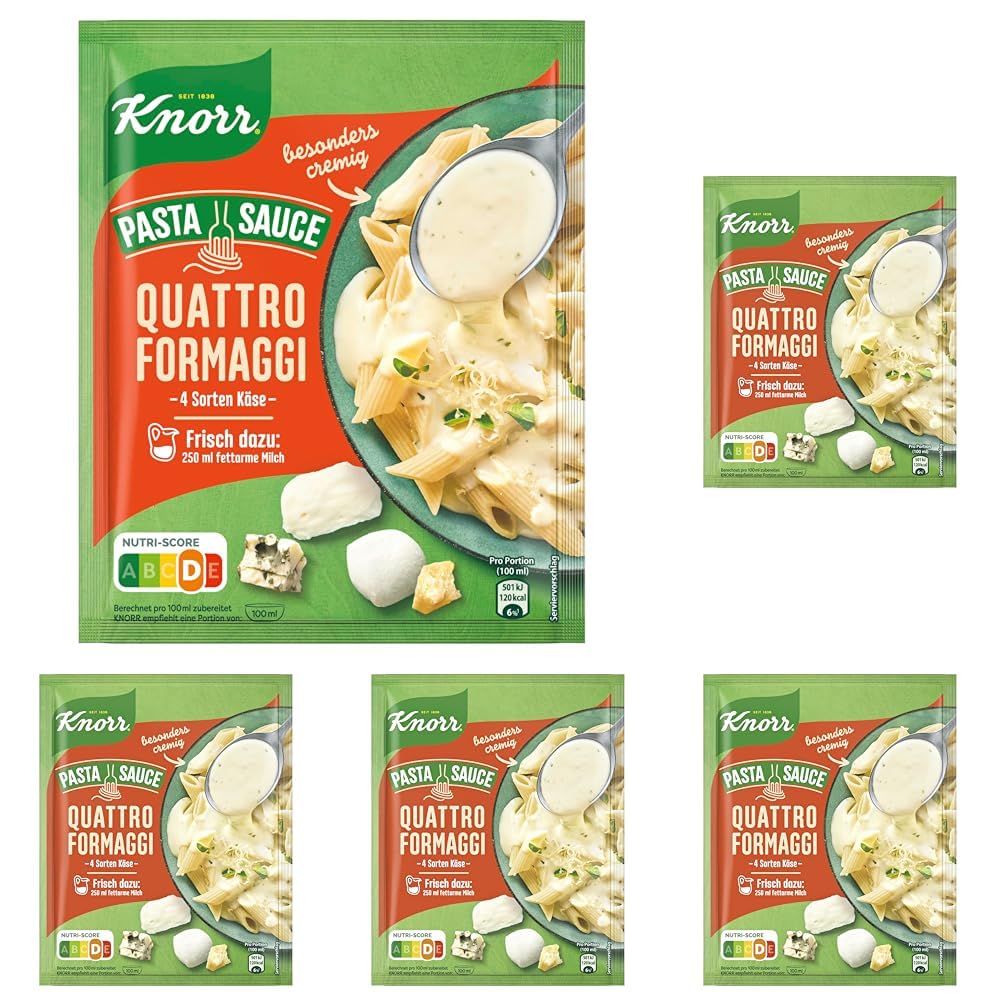 Knorr Pasta Sauce Quattro Formaggi leckere Nudelsauce mit 4 Sorten Käse 250 ml (Packung mit 5)