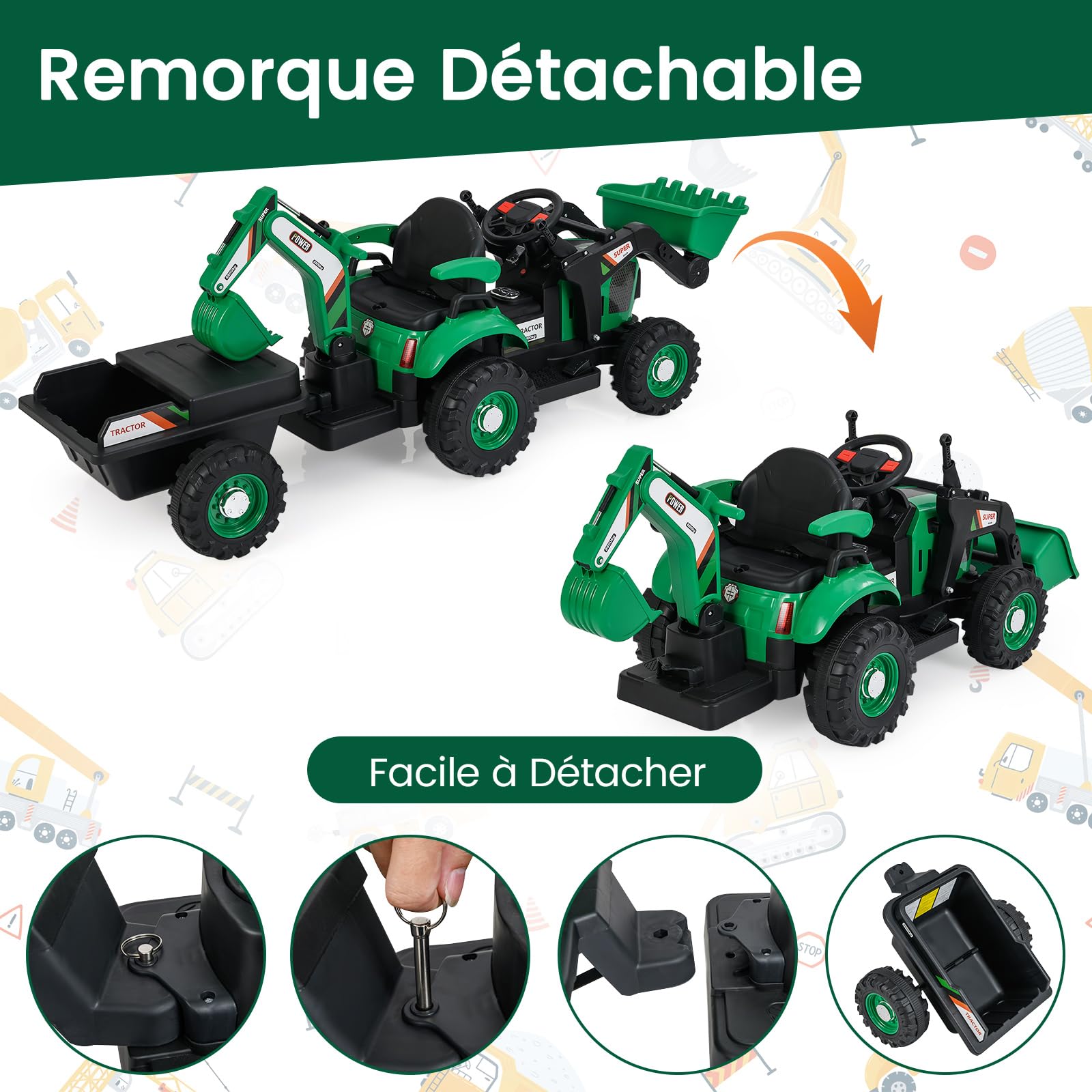 COSTWAY 12V Tracteur Électrique Enfant avec Pelle & Godet Réglables, Remorque Amovible, Télécommande, 1,7-4,2 km/h, 3-8 Ans Vert