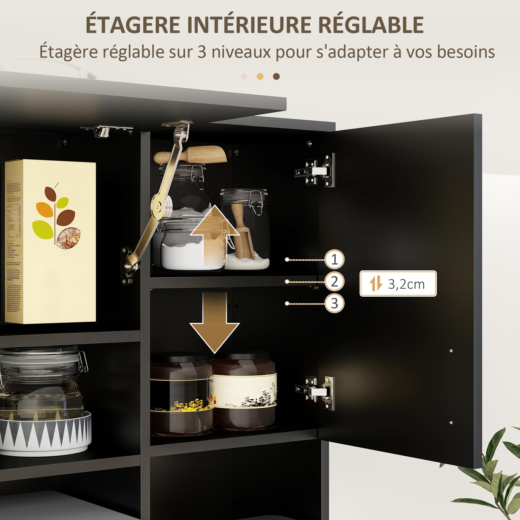 HOMCOM Armoire de Cuisine Multi-rangements 4 Portes 3 tiroirs étagère + Grand Plateau 89L x 39,5l x 168H cm Noir