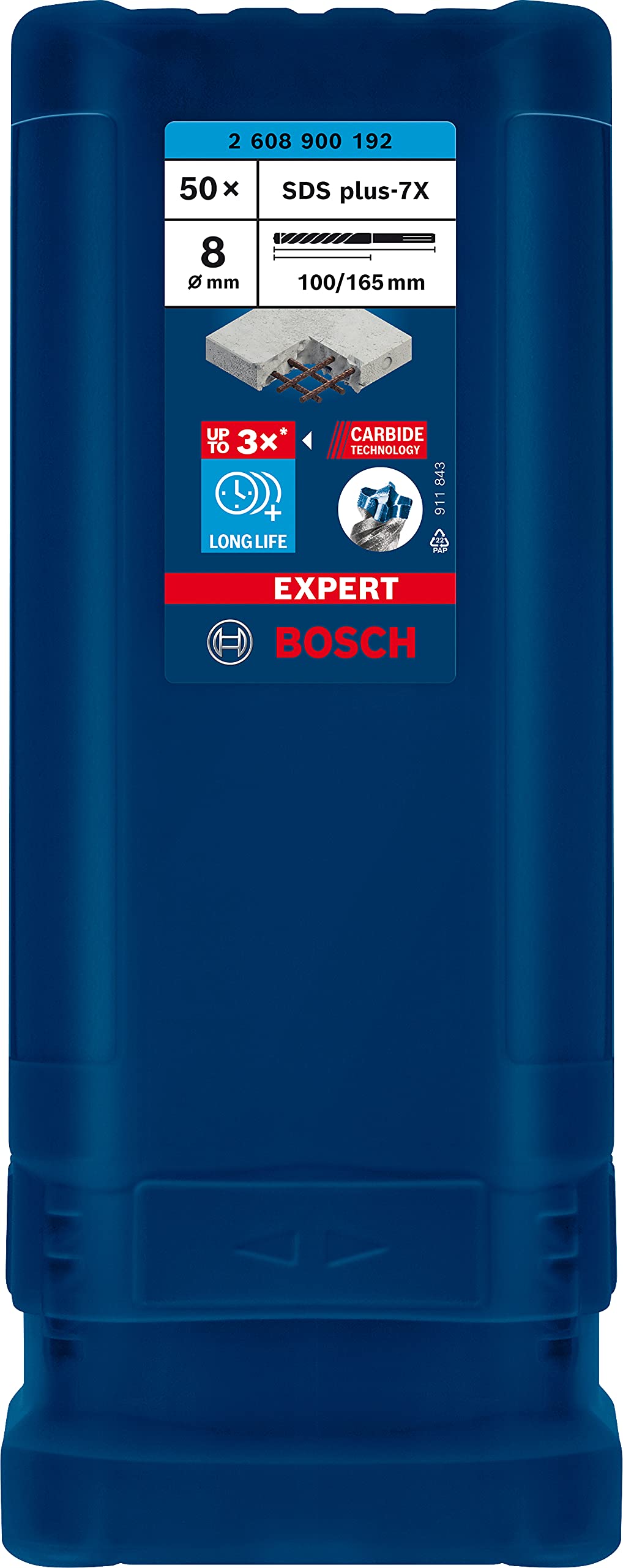 Bosch Professional 50x Brocas para martillo Expert SDS plus-7X (para Hormigón armado, Ø 8.00 x 165 mm, accesorios Martillo perforador rotativo)