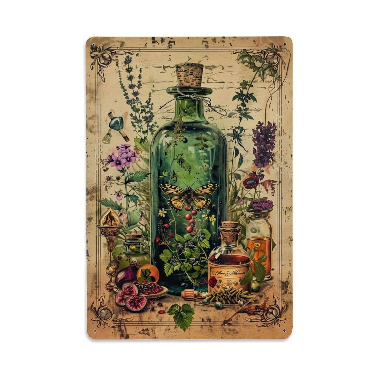 Jdfenggu Vintage Botanical Apothecary Jar Illustration Retro Metal Tin Sign, Metal Poster For Bar, Home, Man Cave, Kitchen, Laundry Room Art Decor 8X12 Inch
