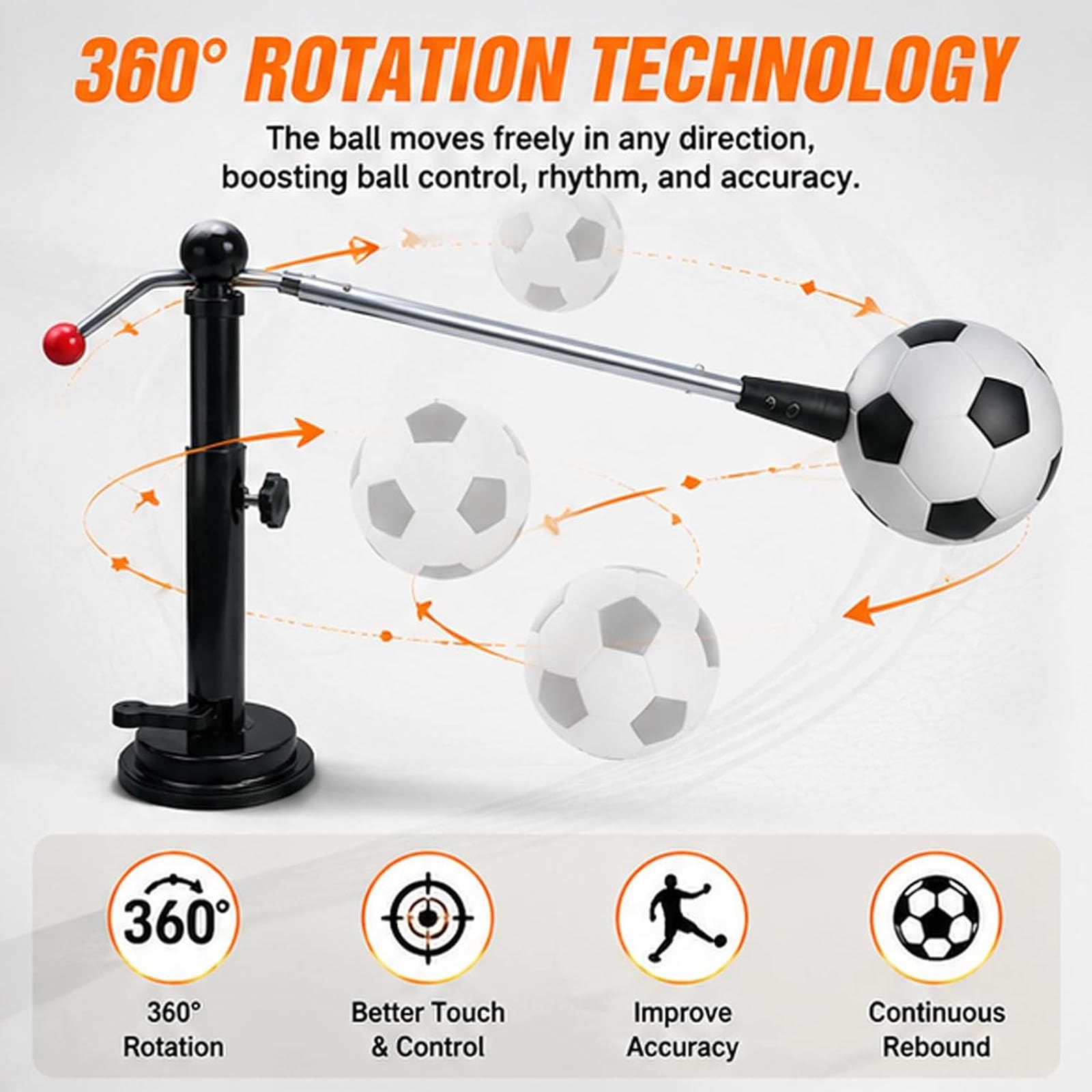 Allenatore di calcio singolo con rotazione a 360°, Iron PU 42 cm | Auxilio di allenamento regolabile per il controllo della palla, attrezzature di allenamento per l'agilità, per dribbling