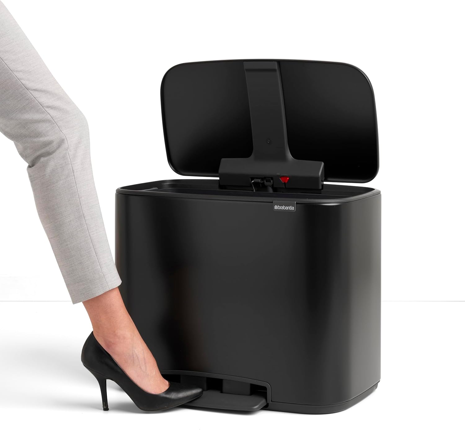 Brabantia Bo Step-On Kitchen Trash Can with Single Compartment | Matt Black | 9.5 Gal Inner Bucket | Soft-Close Garbage Can, Light Pedal Operation, Stay-Open Lid | Fits Against Wall | + Trash Bags
