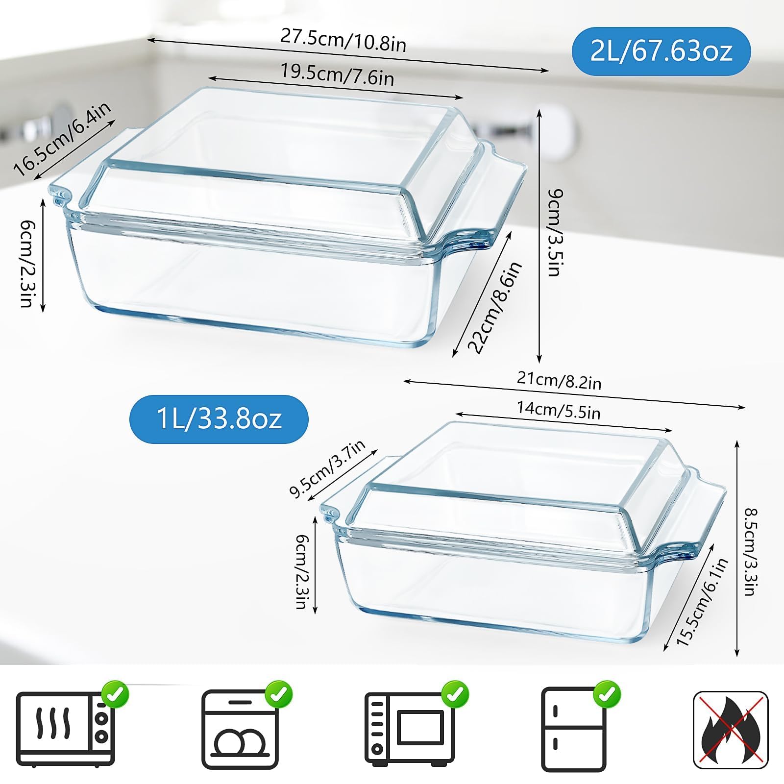 Set di 2 piatti da Gratin rettangolari in vetro con coperchio, casseruole trasparenti con maniglie, piatti per lasagne resistenti al forno e microonde, cucina, casa ristorante, hotel (2L+1L)