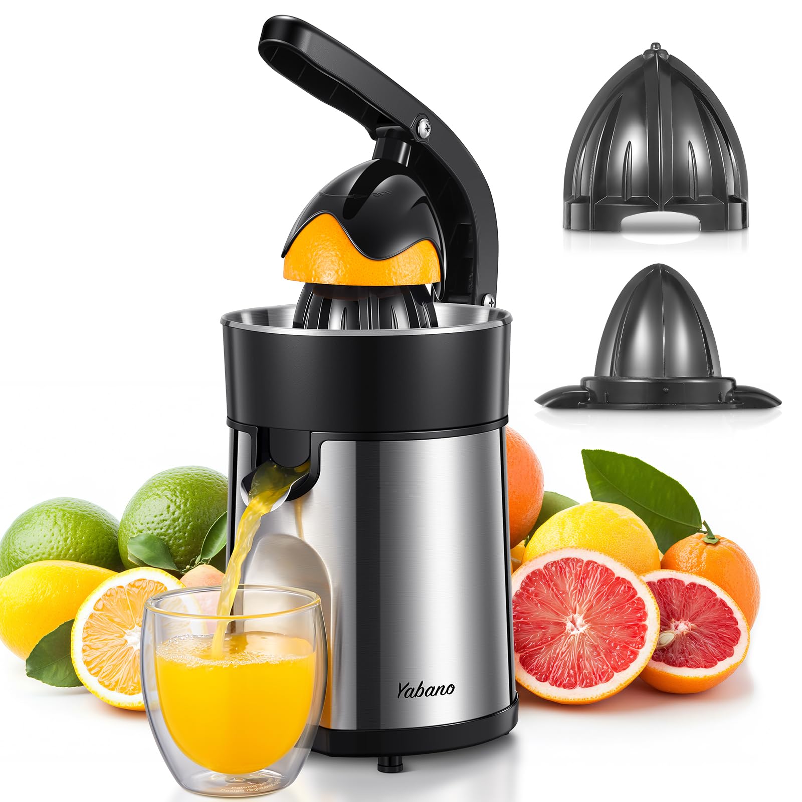 Yabano Electric Citrus Juicer, Stainless Steel Orange Juicer Machine with 2 Reamers, Anti-Drip Spout, Removable Filter & Juice Collector, Easy Clean Citrus Press for Oranges, Lemons, Limes & Grapefrui