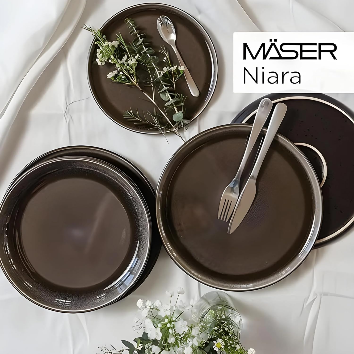 MÄSER Serie Niara, set di piatti da dessert moderni per 4 persone, in stile vintage, piccoli piatti in ceramica, gres, grigio/nero