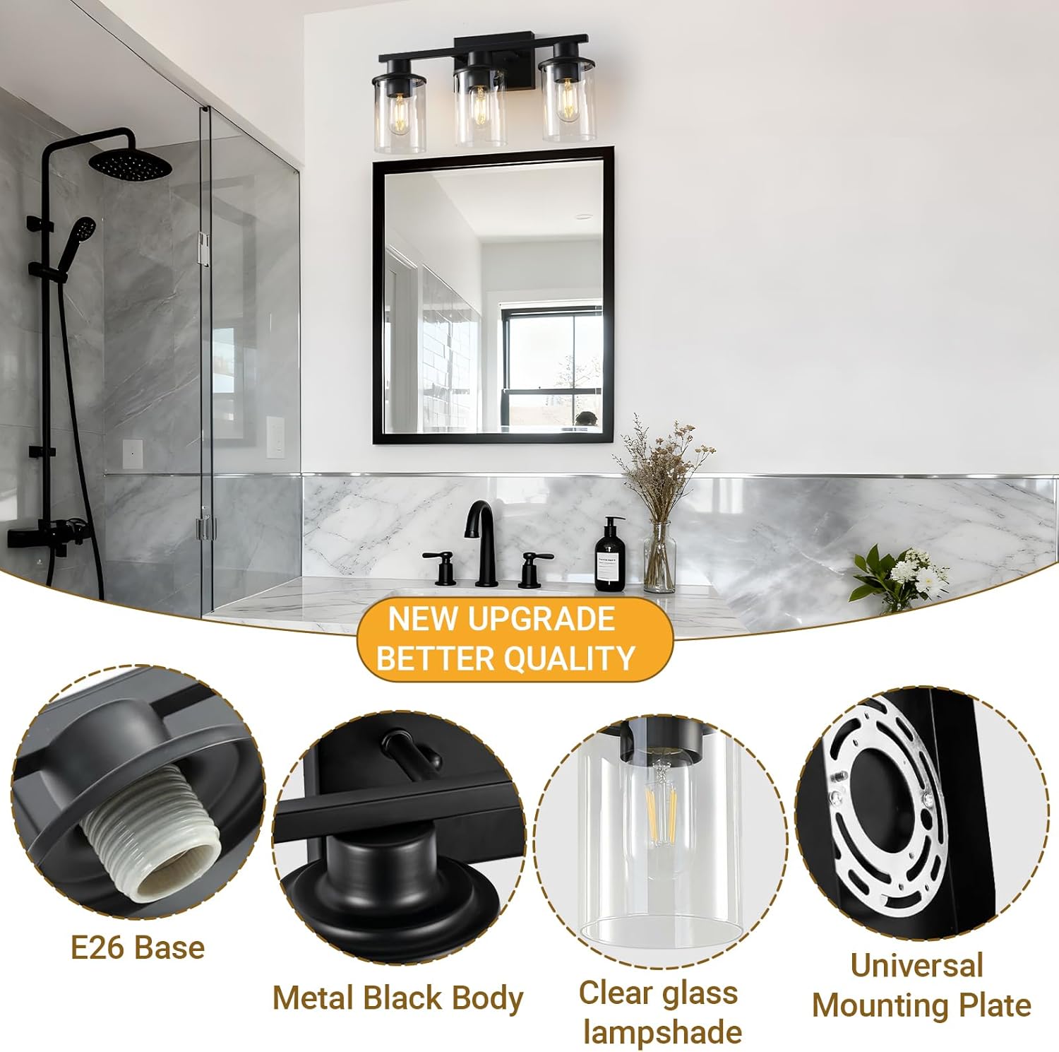 LOUSACE 3-Light Bathroom Light Fixtures, 17.3" Black Modern Vanity Lights with Clear Glass Shade, Bathroom Wall Lamp for Mirror Living Room Hallway Cabinet Porch, E26 Base