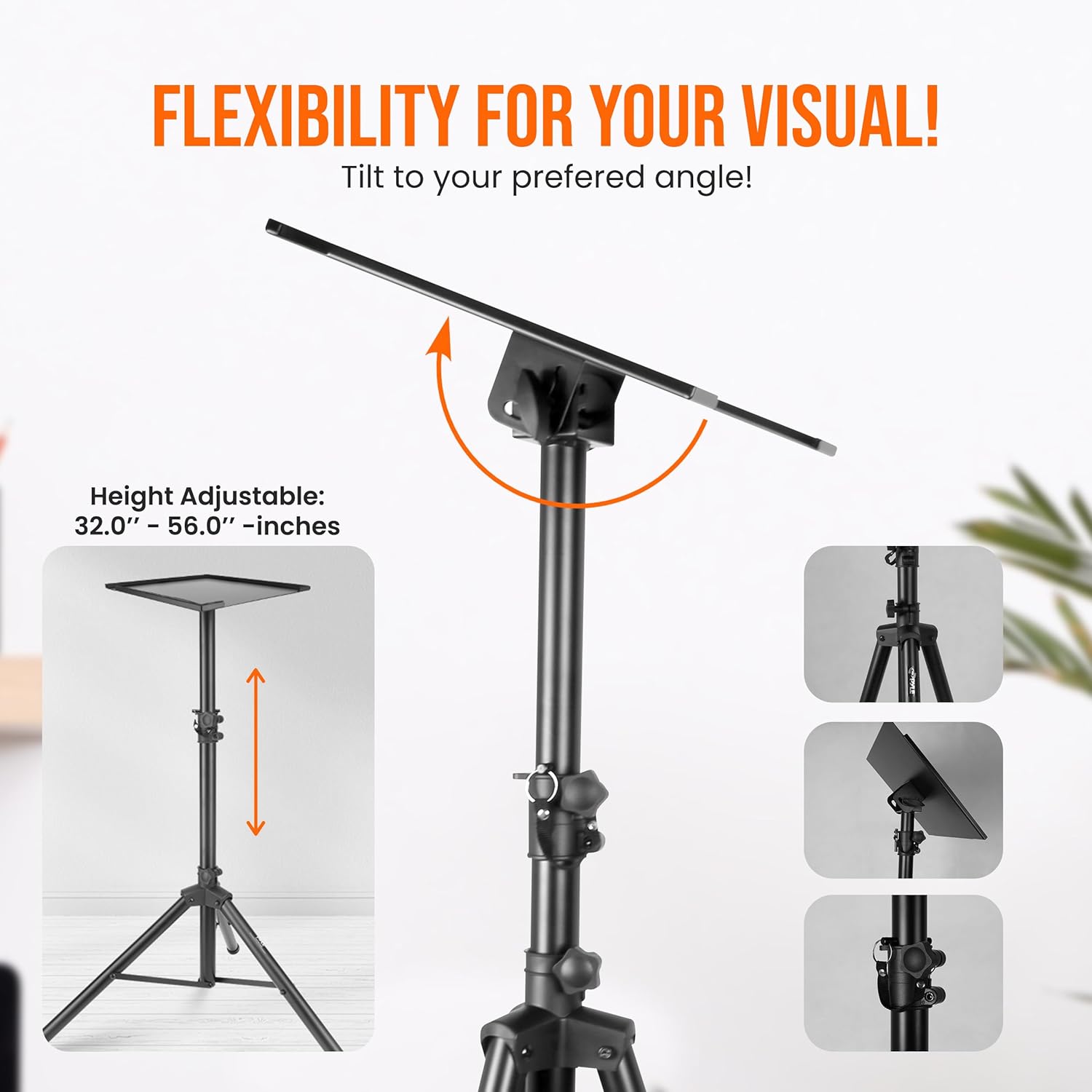 Pyle Projector Stand Tripod, Height Adjustable 28"-46" Portable Laptop and DJ Equipment Stand with Angle Tilt Tray, Heavy Duty Metal Construction, Foldable Design, 20" x 16" Platform