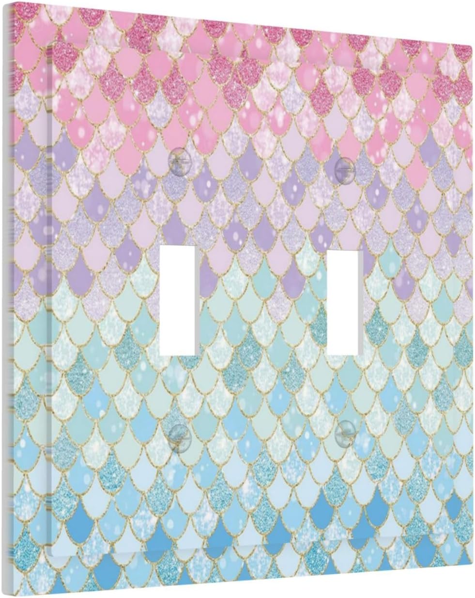 Colorful Mermaid Scales Double Toggle Light Switch Cover Decorative Blue 2 Gang Wall Plate Electrical Faceplate Switchplate for Girls Bedroom Kids Baby Nursery Living Room Decor